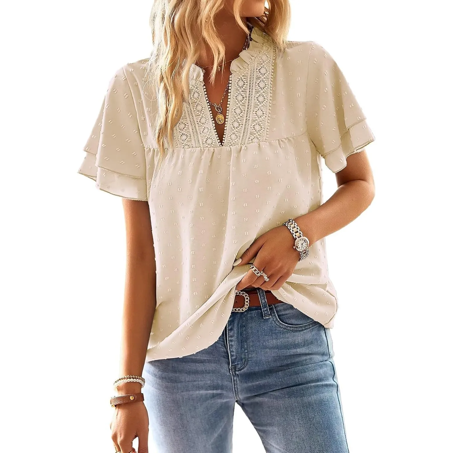 Top Damen Sommer Boho Bluse Kurzarm Oberteile Elegant V-Ausschnitt | Spitze Fließend T Shirt, Volant Paspel Süß Tunika,…