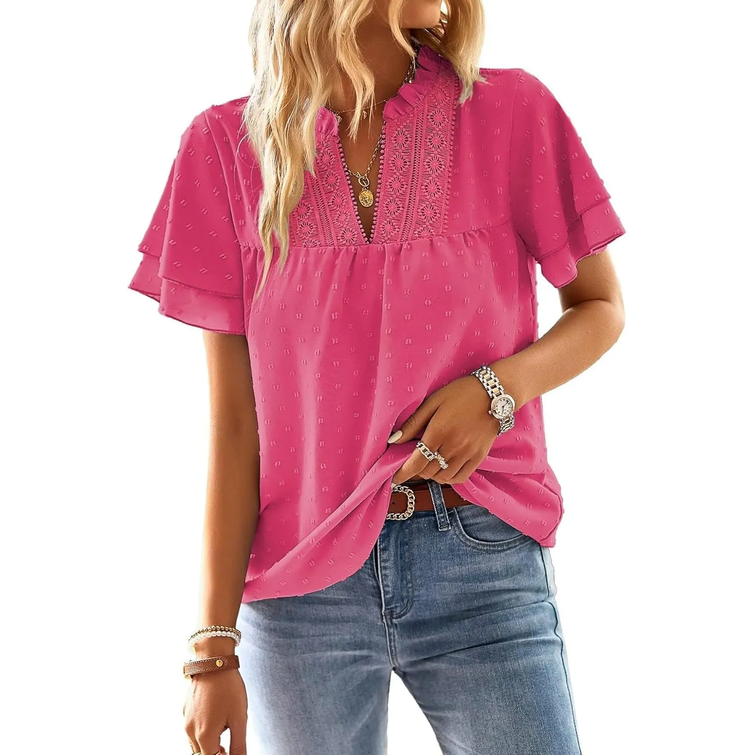 Top Damen Sommer Boho Bluse Kurzarm Oberteile Fließend Elegant V-Ausschnitt T Shirt Lässig Outfits Spitze Kleidung