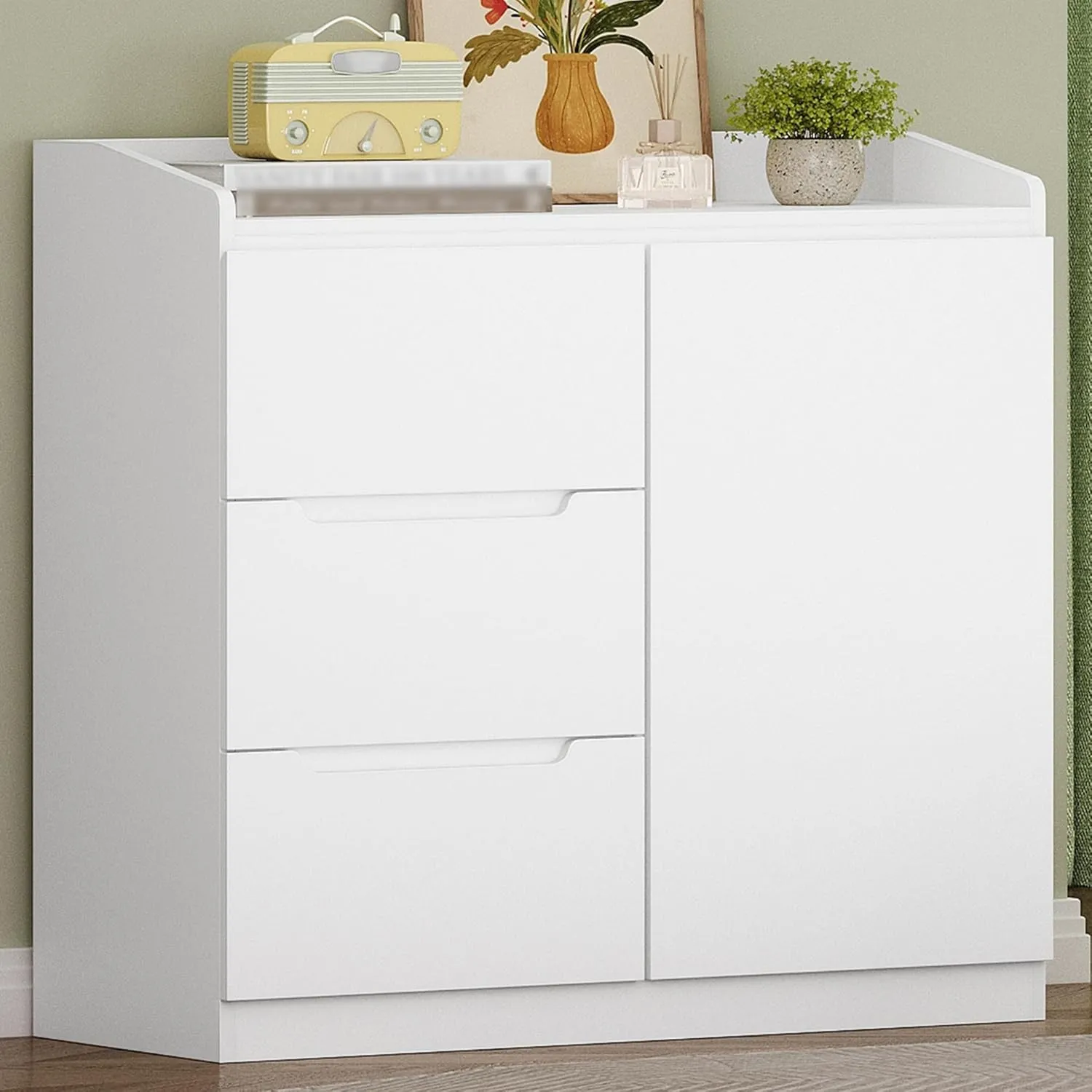 Hzuaneri Kommode mit 3 Schubladen und 1 Tür, 40 x 80 x 87 cm, Weiß