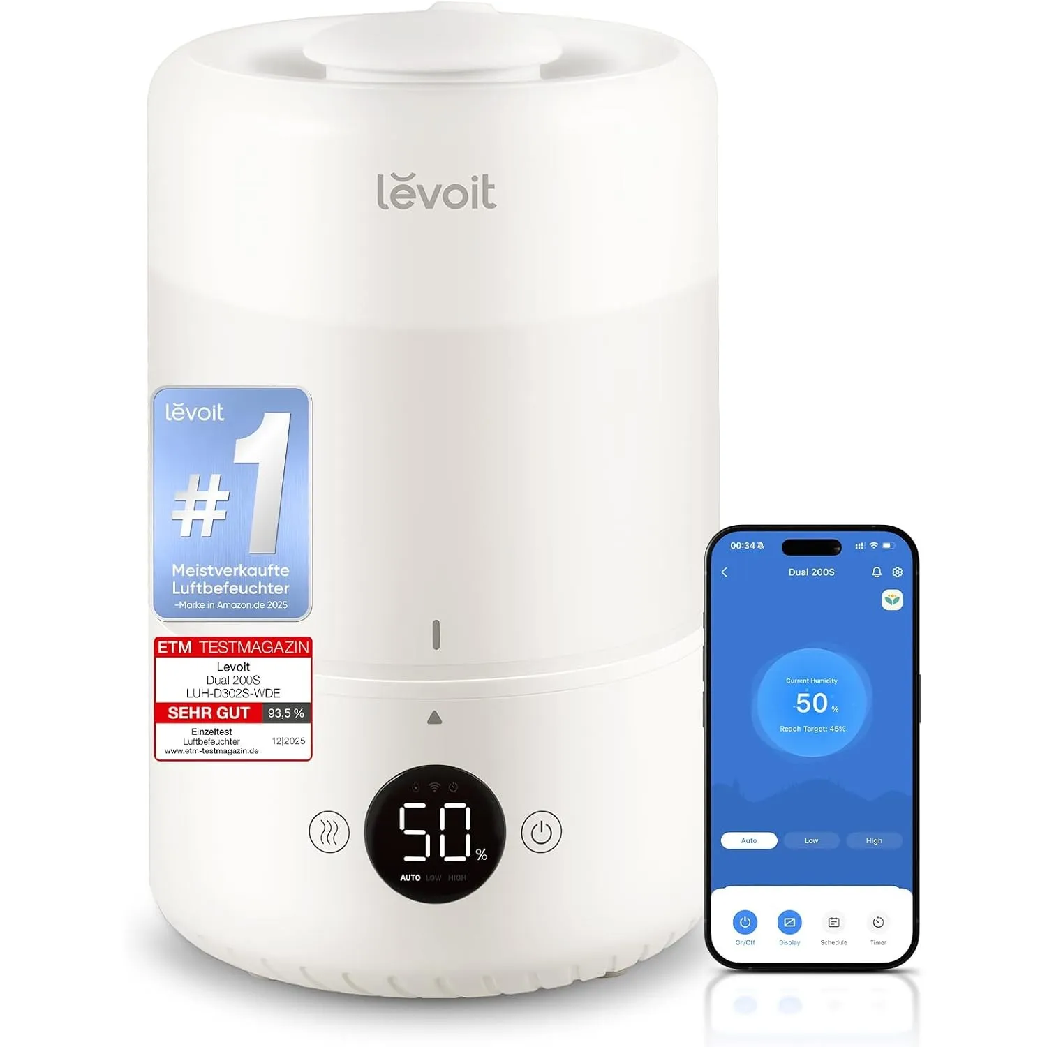 Levoit Smart Luftbefeuchter Schlafzimmer, 20dB, Top-Fill, Cremeweiß