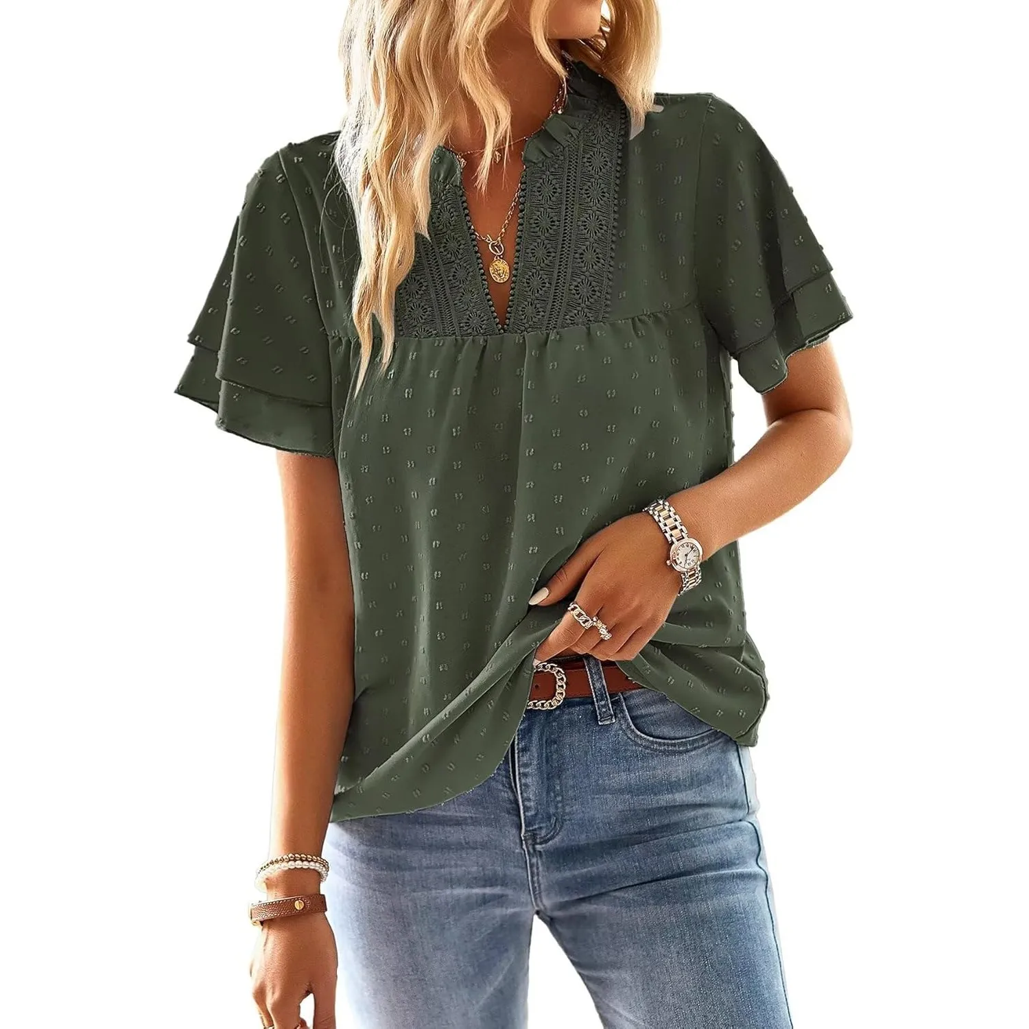 Top Damen Sommer Boho Bluse Kurzarm Oberteile Fließend Elegant V-Ausschnitt T Shirt Lässig Outfits Spitze Kleidung
