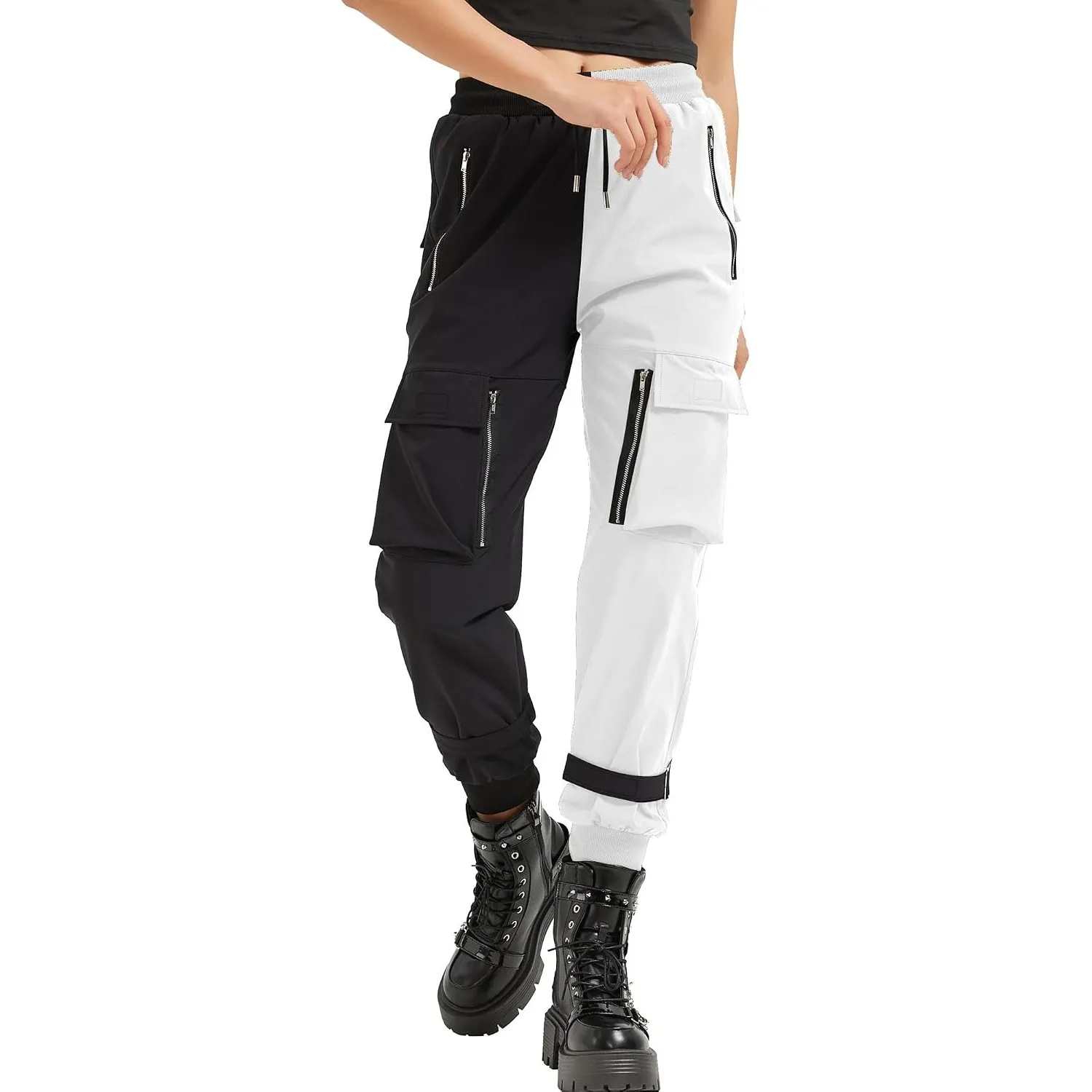 Schwarze Cargo-Hosen für Frauen, Taschige Hosen mit Mehreren Taschen, mehrere Taschen, Reißverschluss, gotische Punkhose
