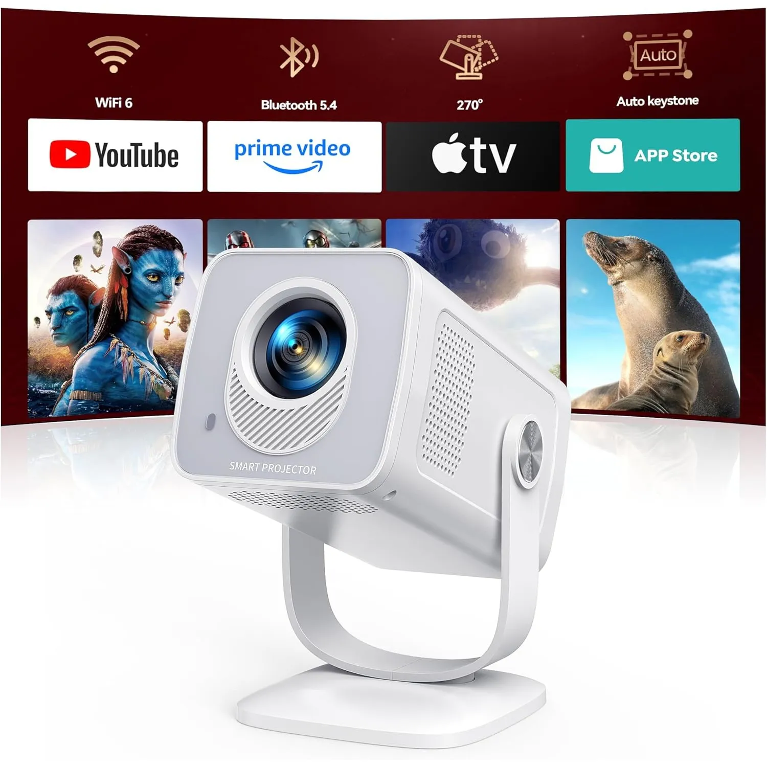 Mini Beamer 4K 1080P Unterstützt [Android 14 & 270° Drehbar] Smart Beamer Klein mit WiFi 6 Bluetooth 5.4, Tragbarer Pro…