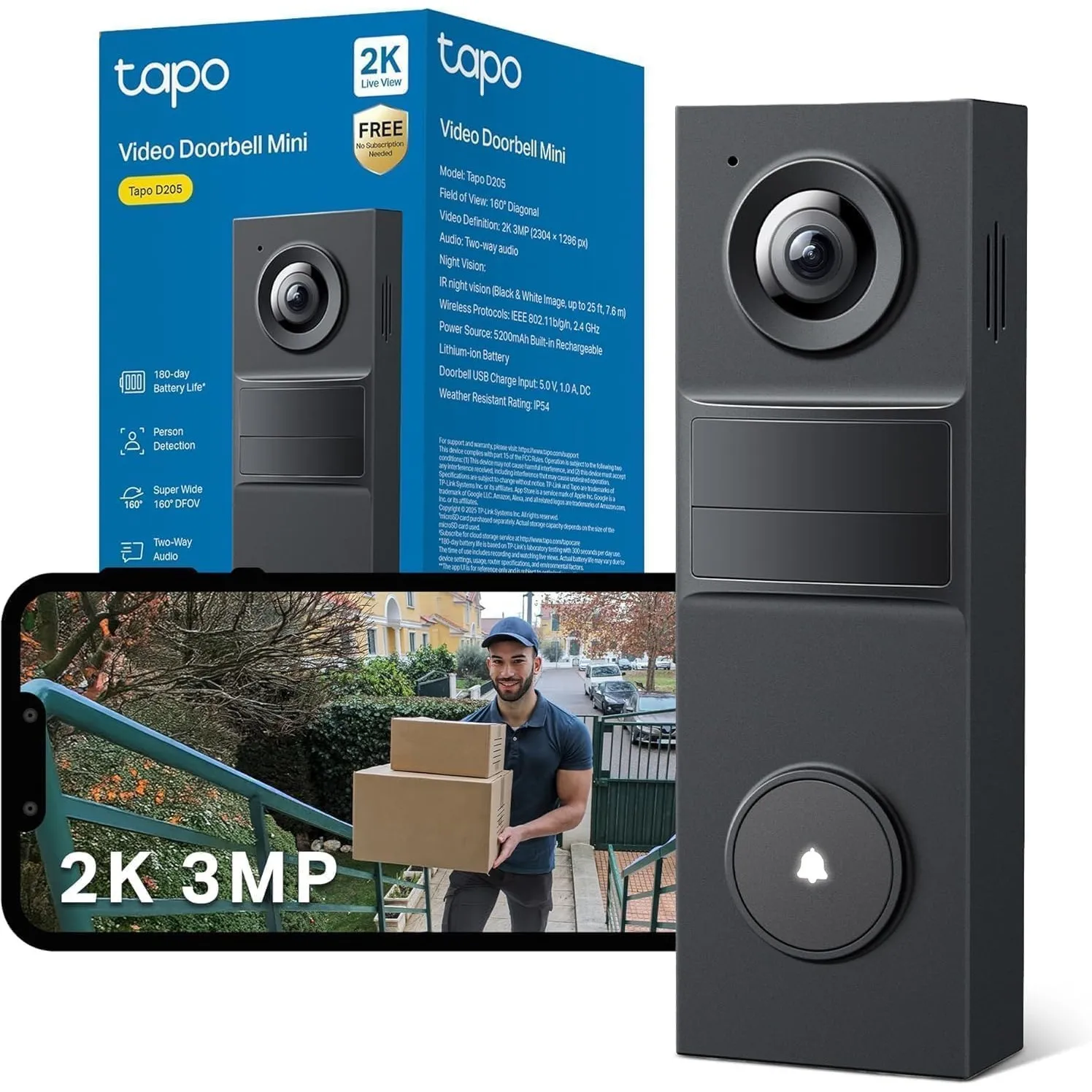 Tapo D205 Akku-Videotürklingel | WLAN Türklingel mit Kamera | 2K, 160° Weitwinkel, Zwei-Wege-Audio | Integrierter Akku …