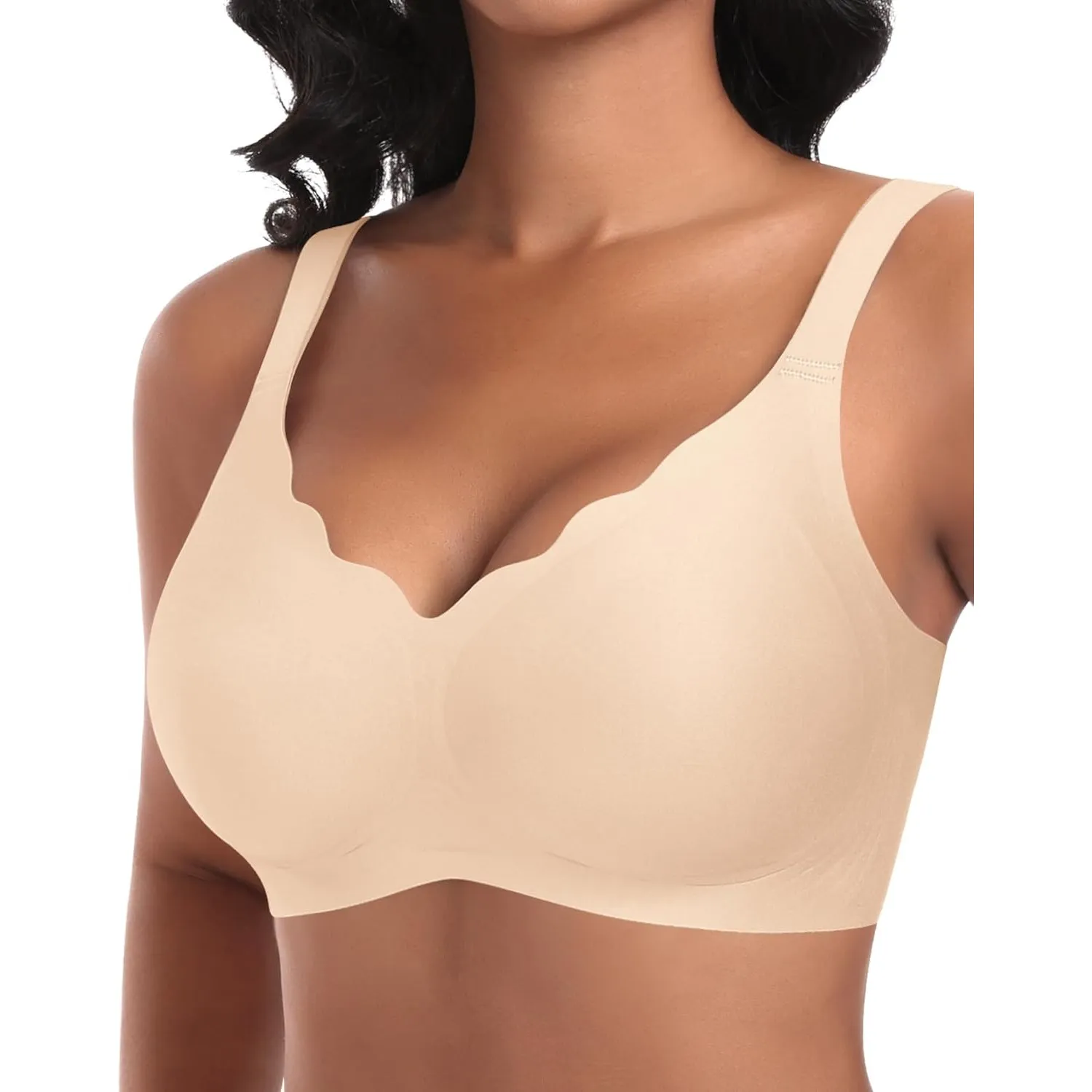 Ganado Damen Nahtloser BH Ohne Bügel Tiefem V-Ausschnitt gewellte Ränder Bequemer BH Bralette Soft BHS Bügellos Bustier…