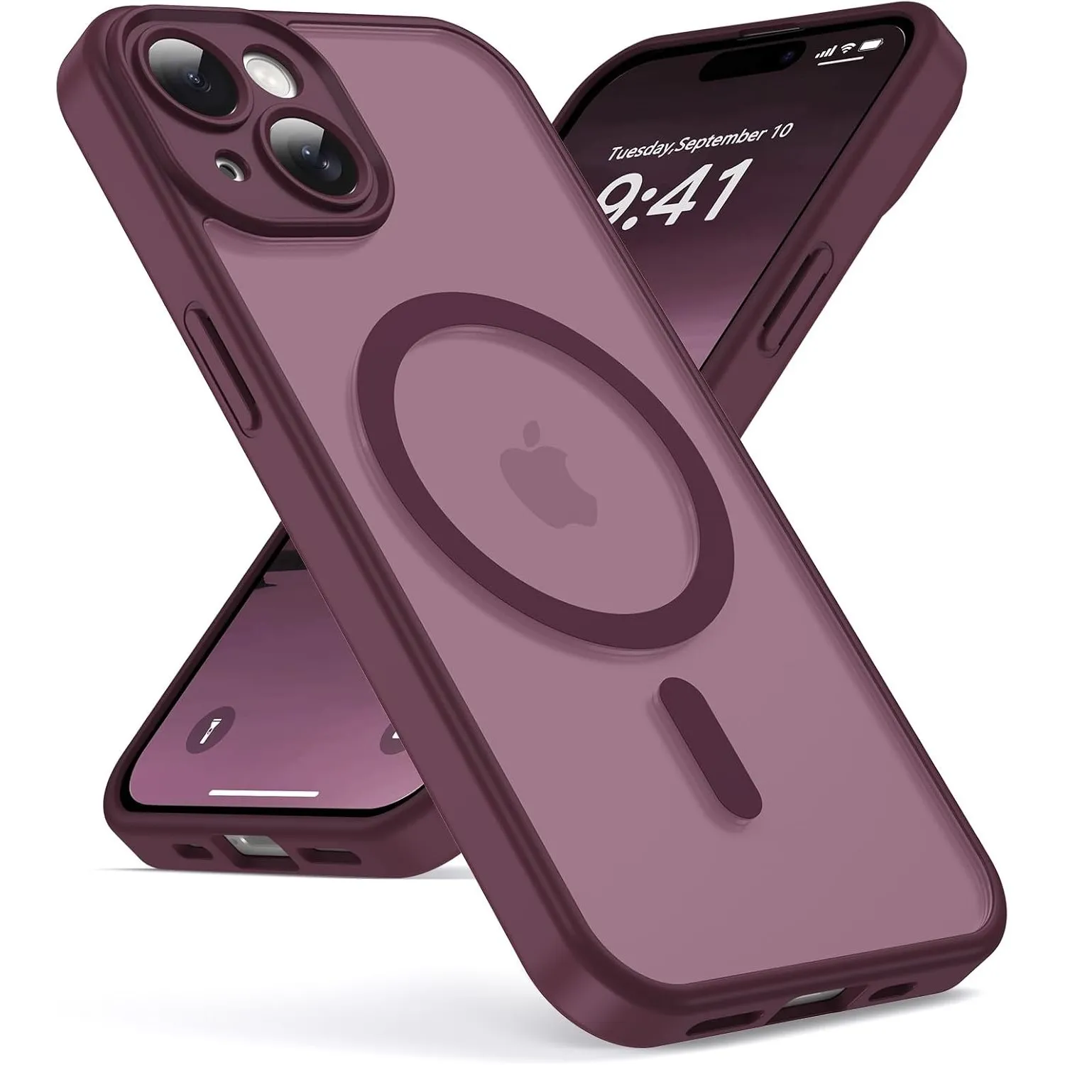 Oududianzi - Magnetisch Hülle für iPhone 15 mit Magsafe Case, WineRed | Durchscheinende Mattierte PC Rückseite TPU Sili…