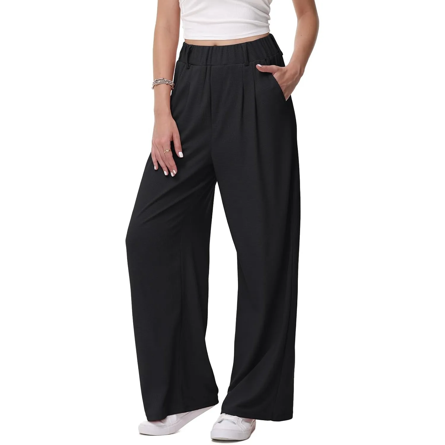 HMIYA Weite Hosen Damen Bügelfreie Stoffhose Mit Taschen
