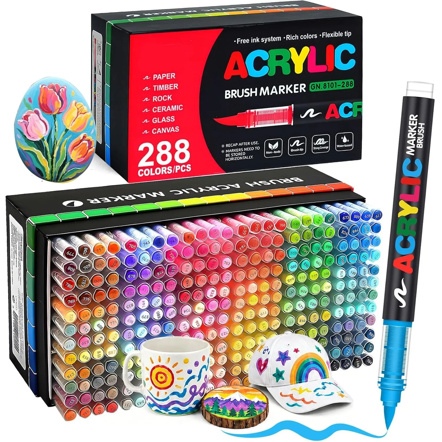 Melifluo 288 Acrylstifte Wasserfest Set–Acrylmarker mit Pinselspitze 1–6 mm