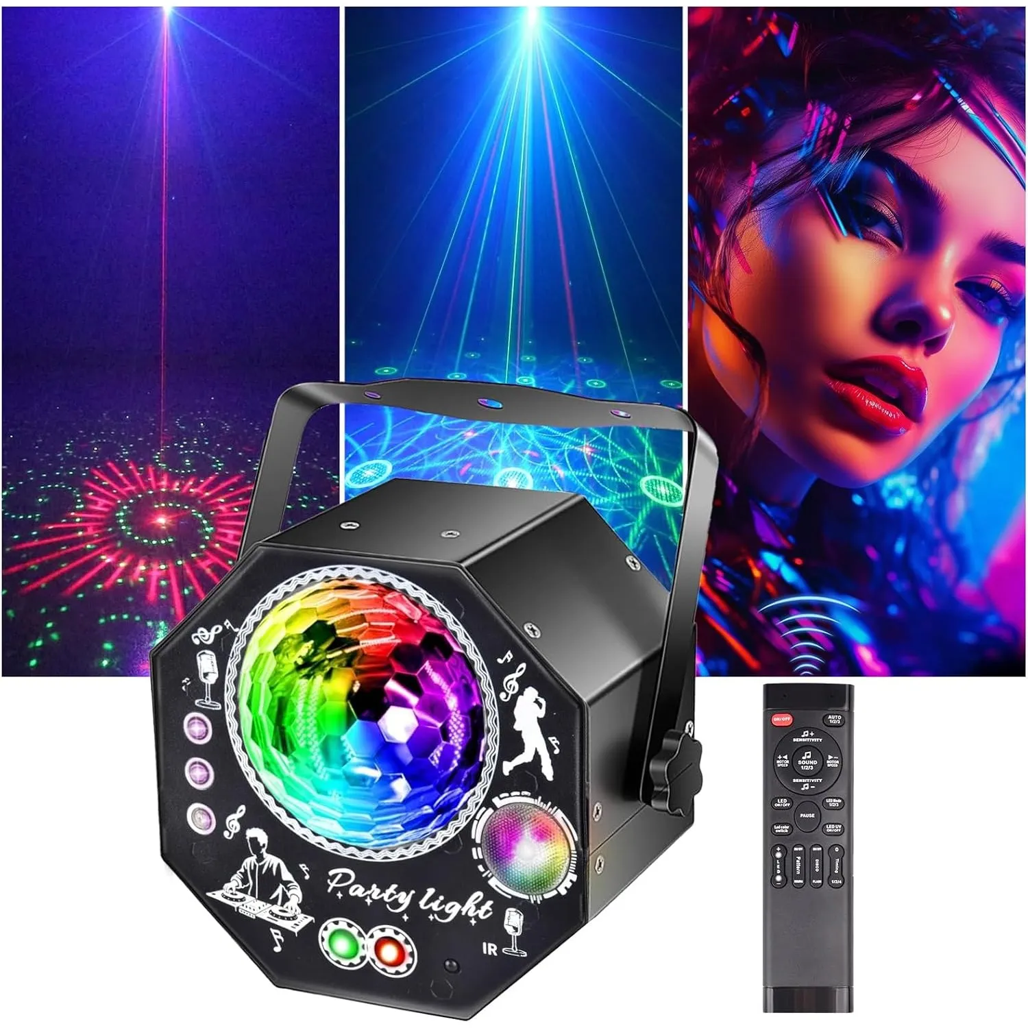 4 in 1 Discolicht Partylicht mit Fernbedienung, 75 Muster Effekte, RGB, UV, Strobe LED Sound Control, Musikgesteuert Di…