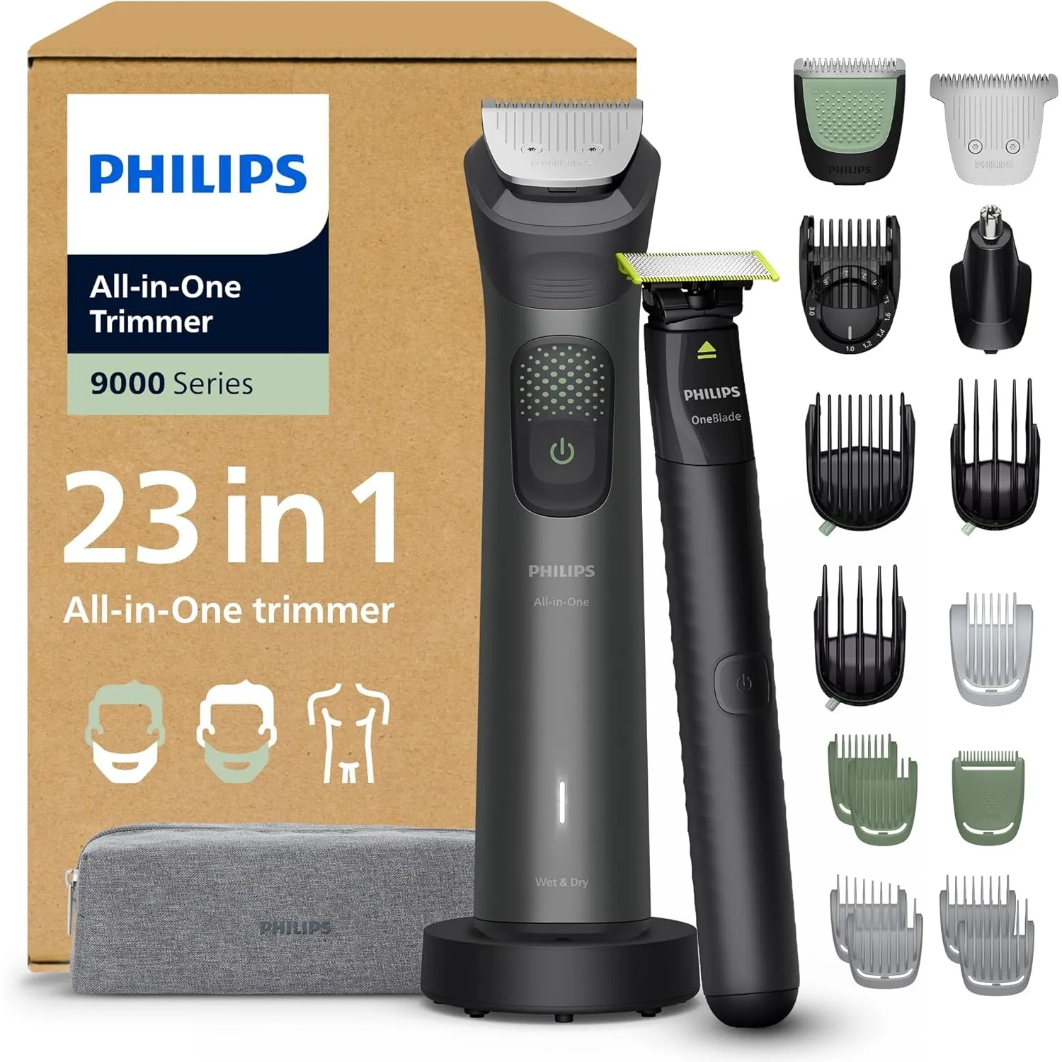 PHILIPS Multigroom Series 9000 All-in-One 23-teiliger Barttrimmer, Haarschneider, und OneBlade-Trimmer – Komplettes Pfl…