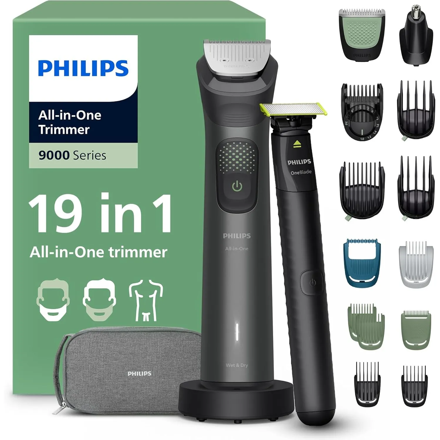 PHILIPS Multigroom Series 9000 All-in-One 19-teiliger Barttrimmer und Haarschneider + OneBlade-Trimmer - Komplettes Pfl…
