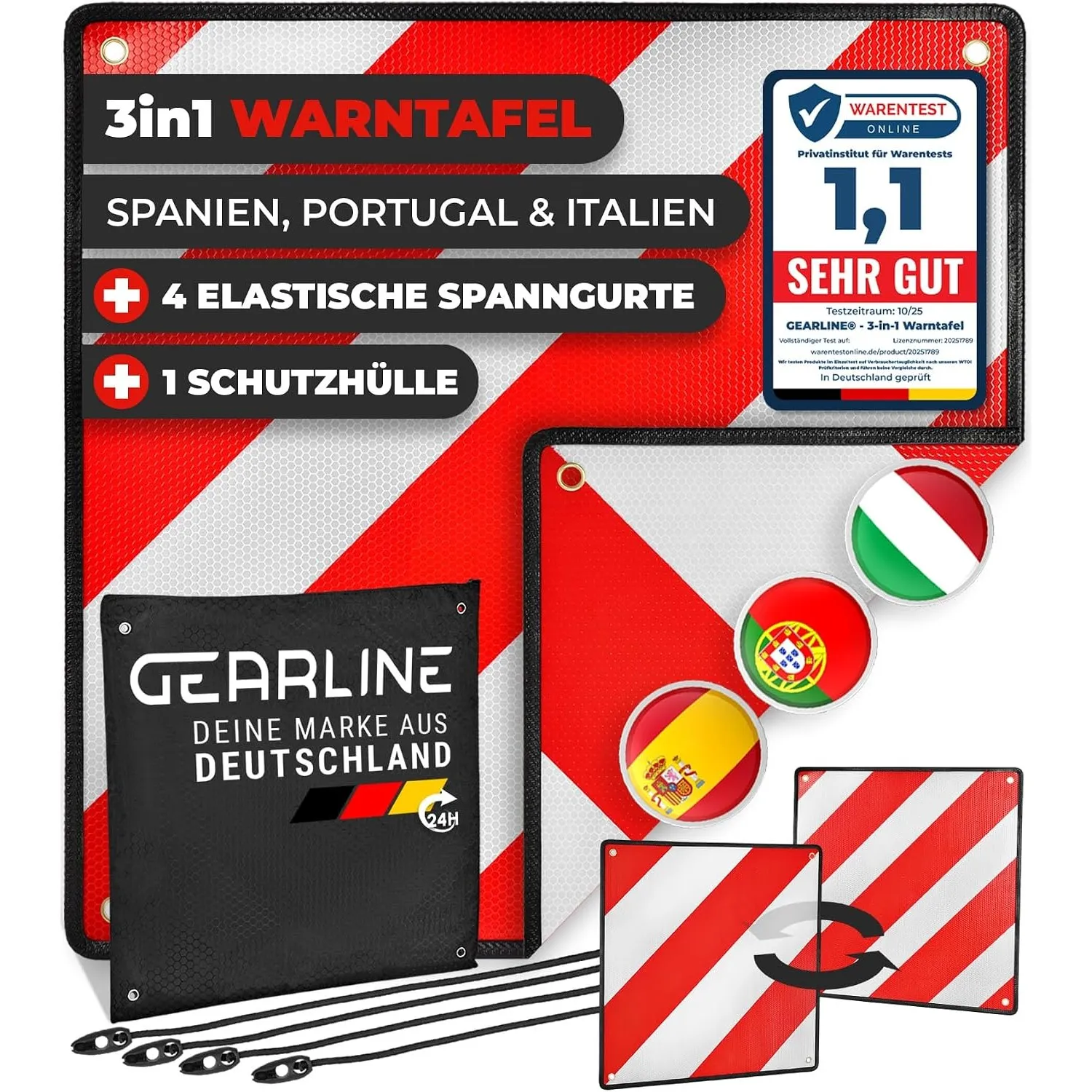 3-in-1 Warntafel für Italien, Spanien & Portugal [inkl. 4 Spanngurte & Schutzhülle] - Warnschild für Heckträger bei Rei…