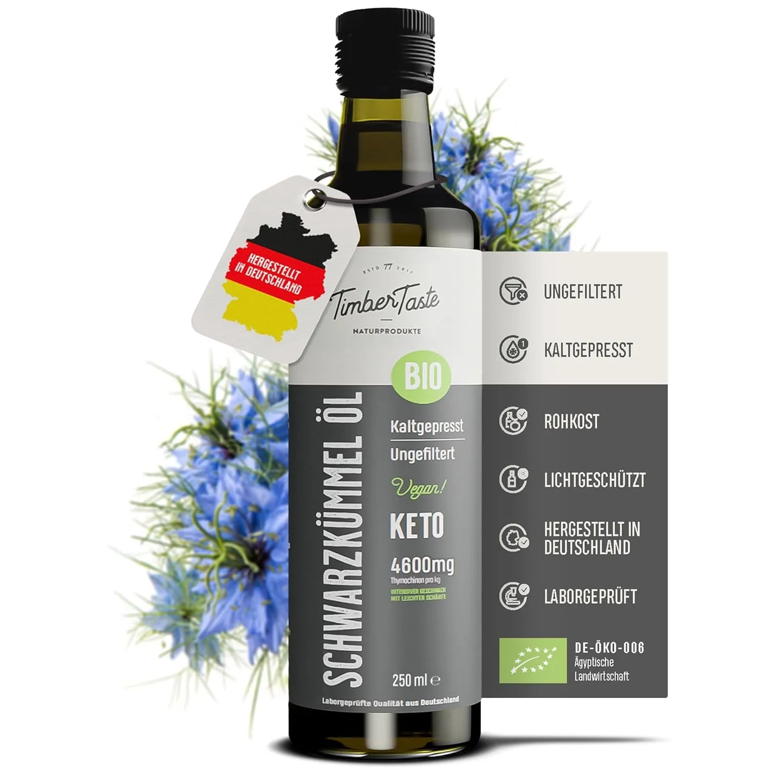 Black Seed Oil Bio Schwarzkümmelöl ungefiltert 250ml – Ägyptisches Schwarzkümmel Öl mit hohem Thymochinongehalt (4600 m…