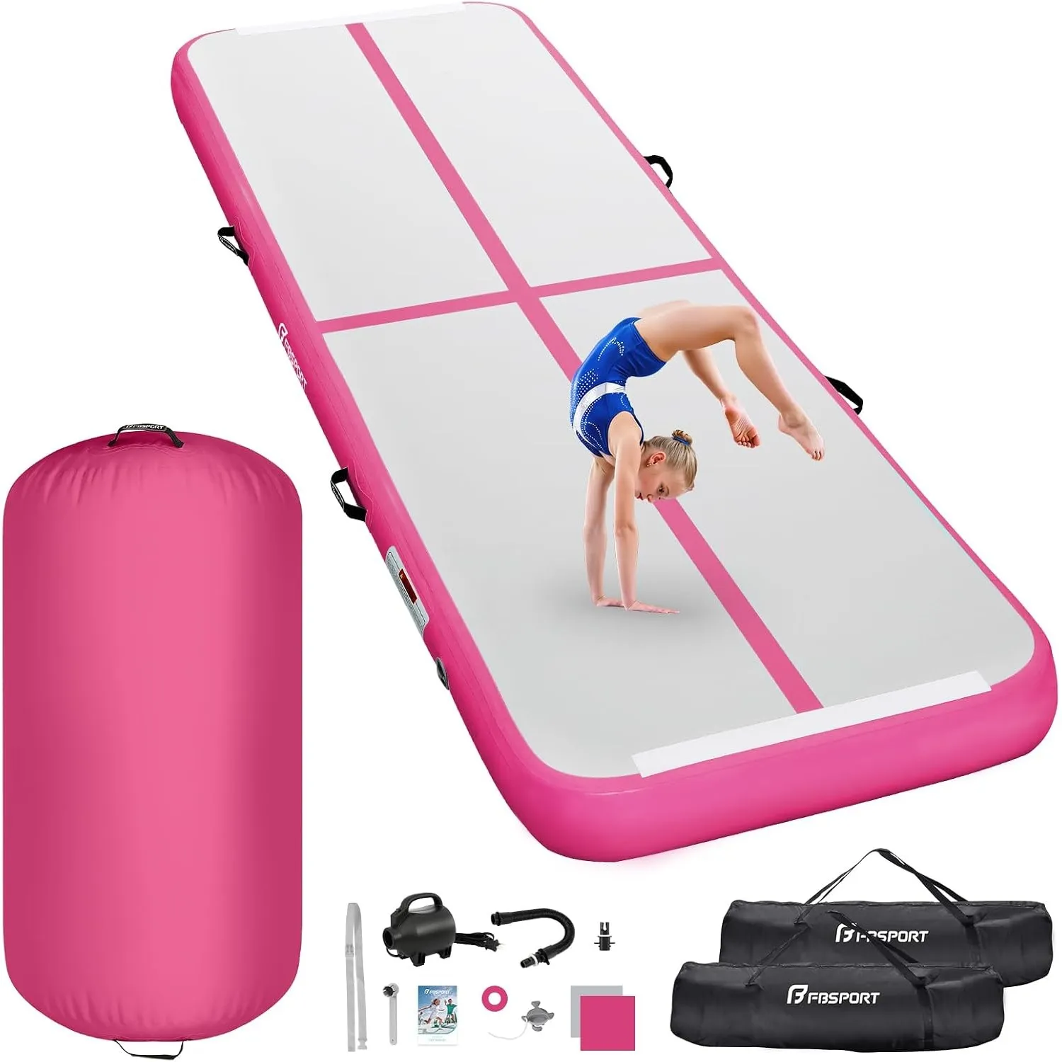 FBSPORT Airtrack Matte mit 100x60cm Air Roll, 10cm Hoch Verdicken 3/4M Tumbling Matte,Gymnastikmatte mit Luftpumpe,Trai…