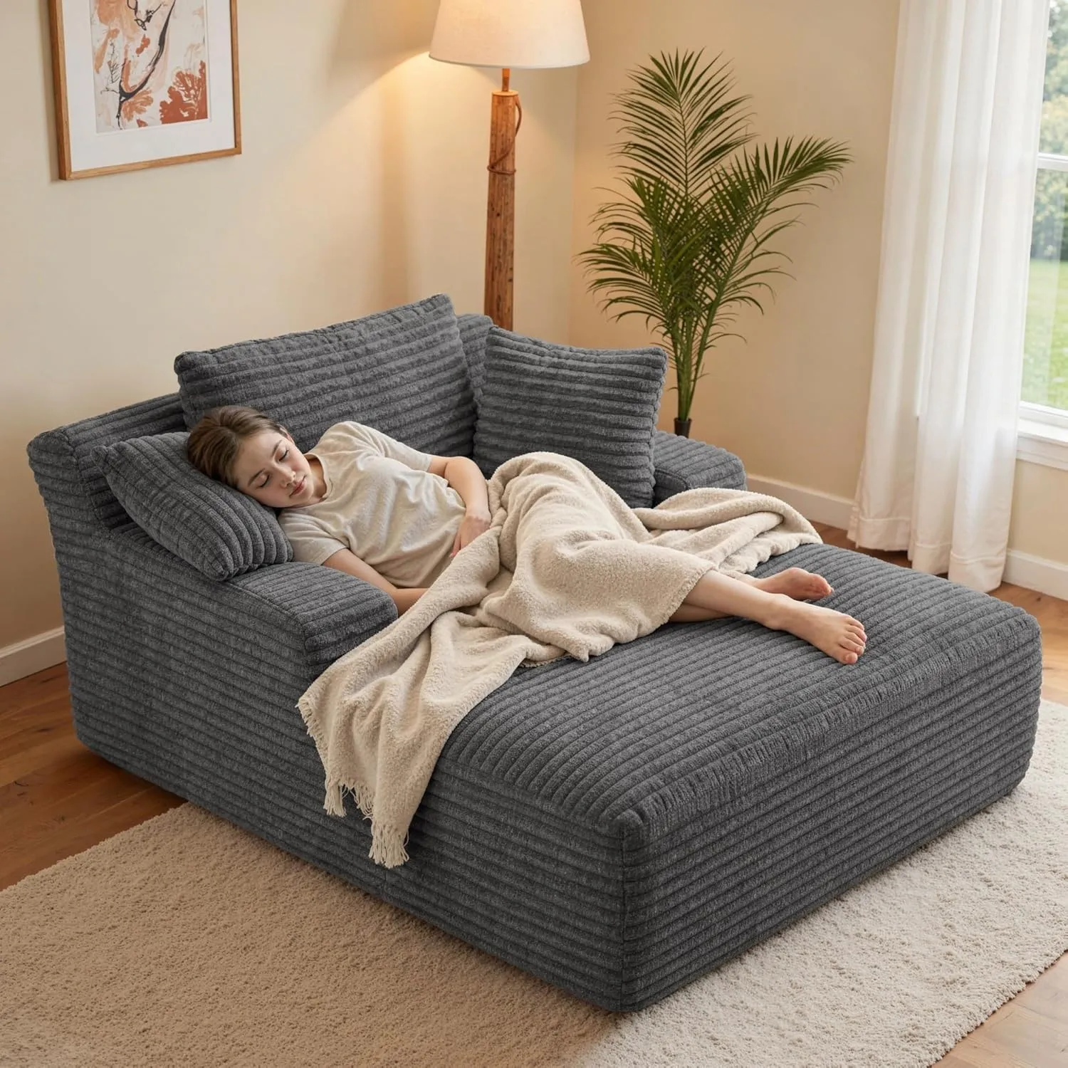 Boneless Sofa Cloud Sofa mit Schlaffunktion 172cm Grau | Cord Bodensofa, Chaiselongue, 3 Kissen, weicher Cordbezug, Woh…