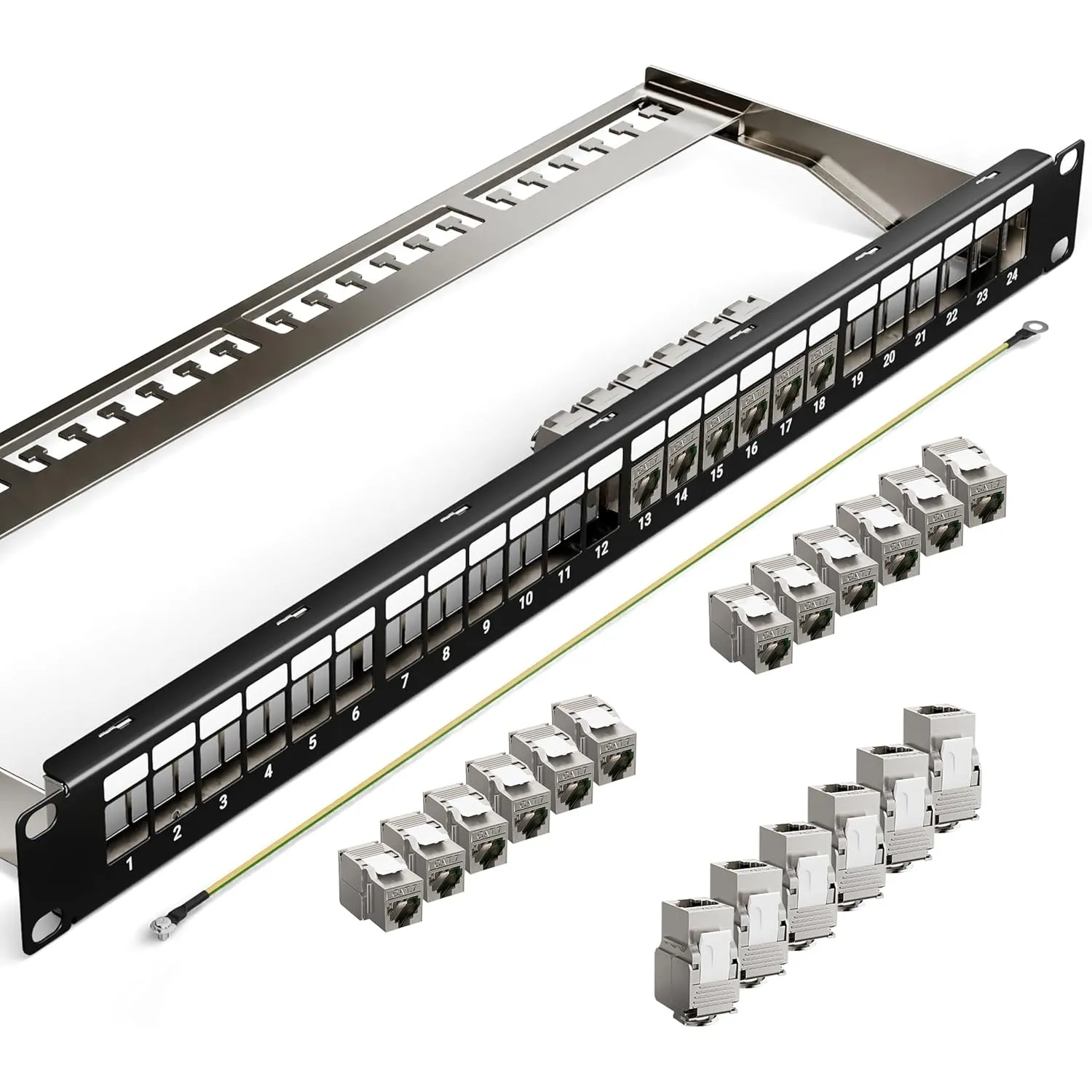 Geschirmtes 24 Port CAT7 Patchpanel mit 24 x Cat7 Keystone RJ45 | 10 Gbit/s 600MHz, Vergoldet Keystone Patchpanel 19 Zo…