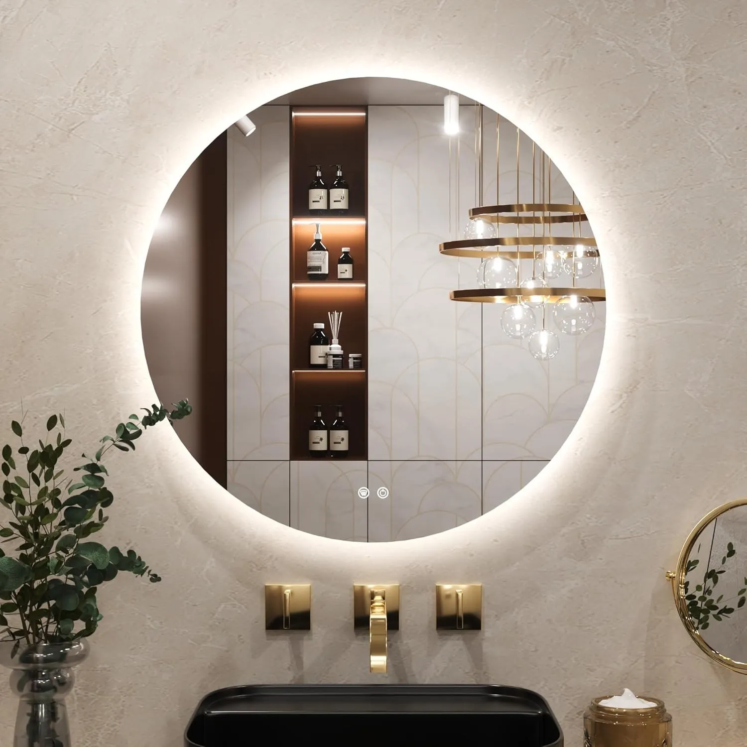 Keonjinn Badspiegel mit Beleuchtung Rund 70cm, Badezimmerspiegel mit Beschlagfrei Touch Schalter Speicherfunktion 3 Lic…