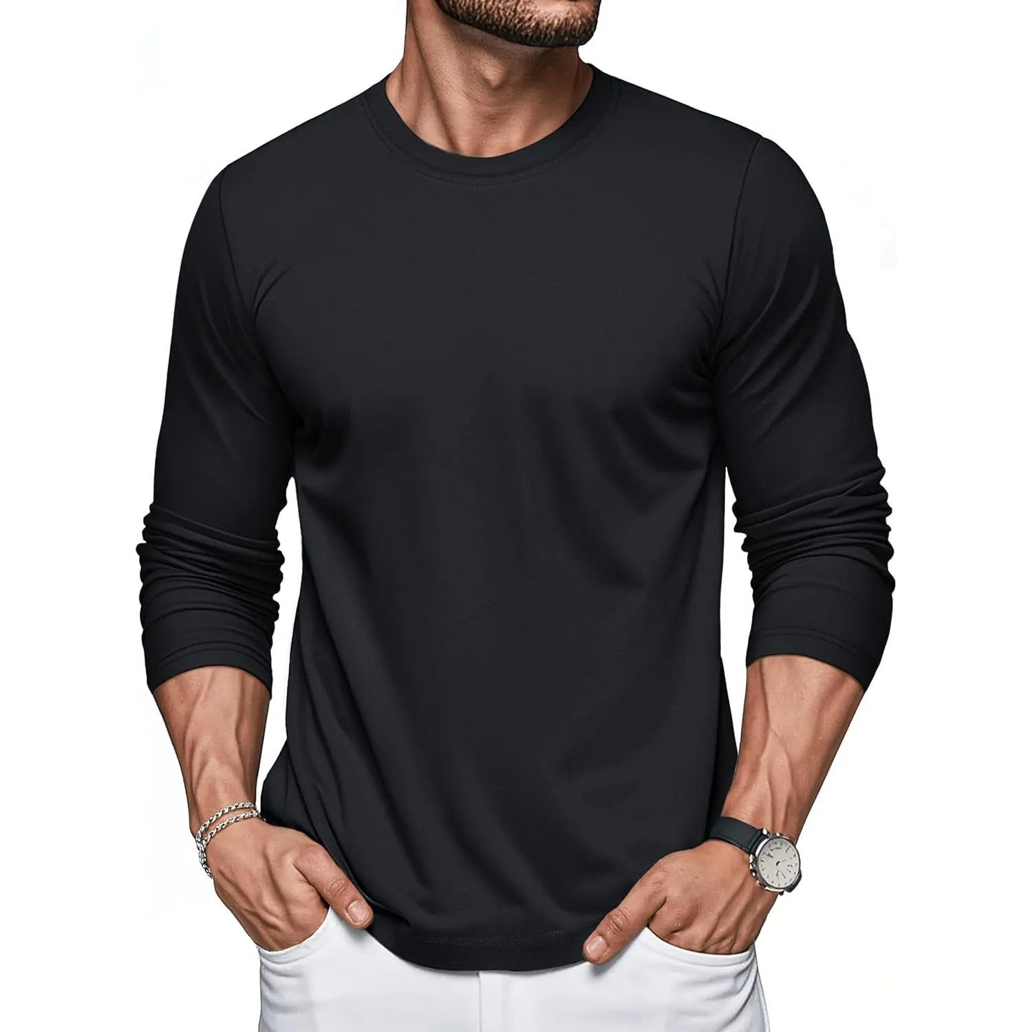 MAGCOMSEN Tshirt Langarm Herren Baumwolle Basic Einfarbig Rundhals Shirt