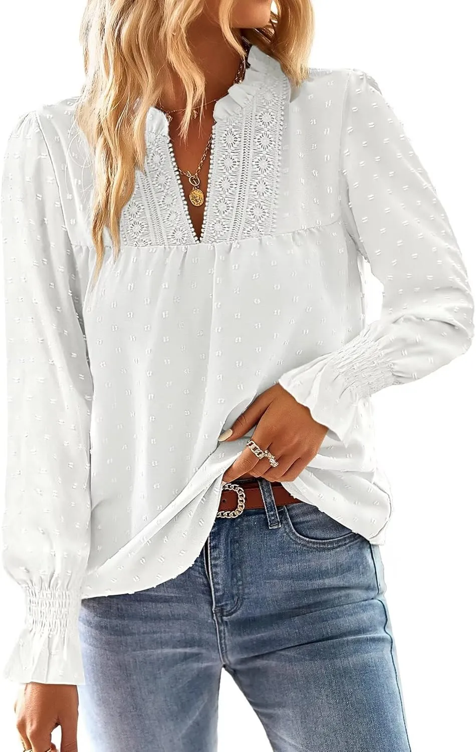 Langarmshirt Damen Herbst Boho Top Oberteile Fließend Elegant V-Ausschnitt T Shirt Süß Lässig Outfits Frühling Winter L…
