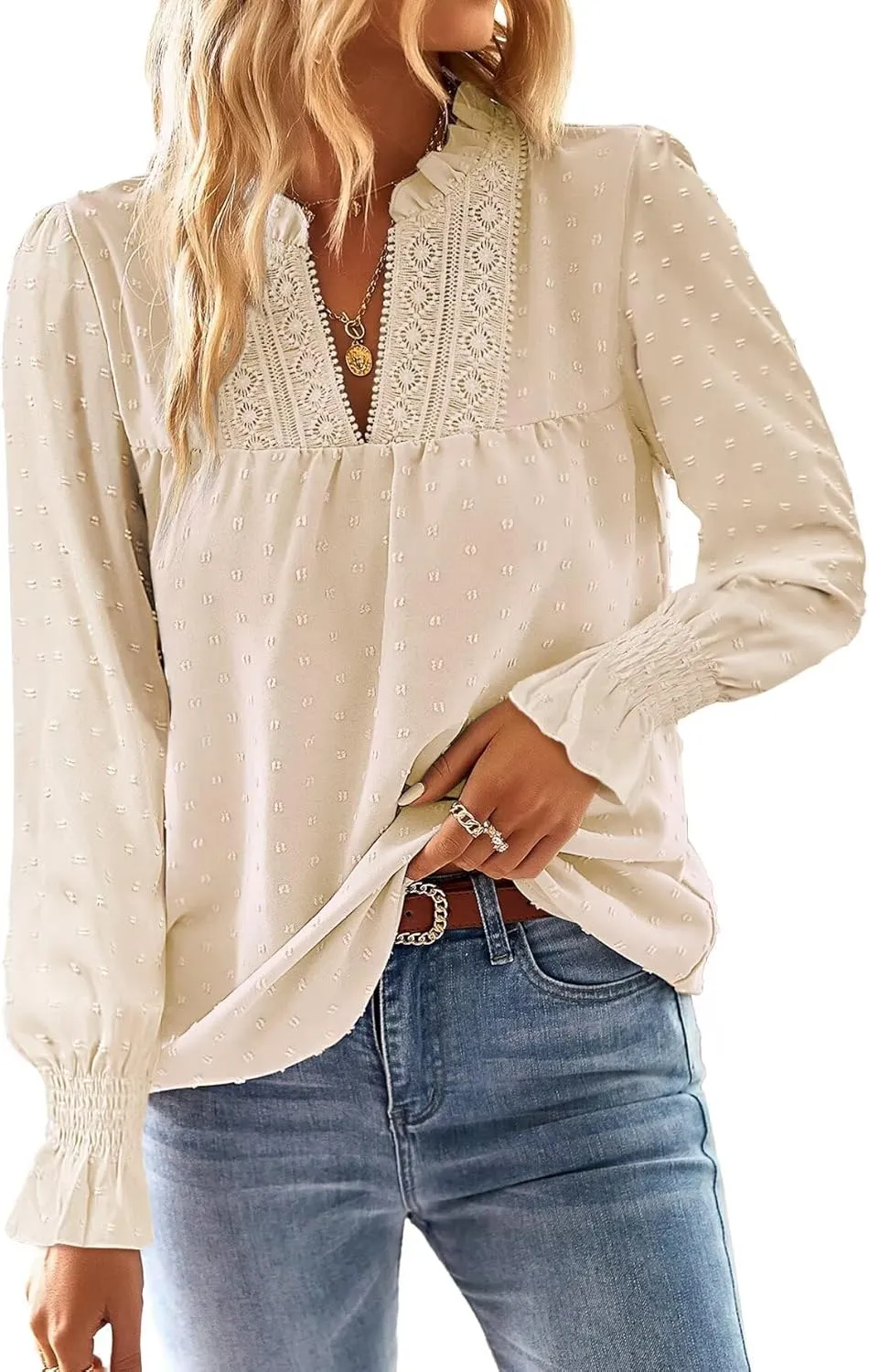 Langarmshirt Damen Herbst Boho Top Oberteile Fließend Elegant V-Ausschnitt T Shirt Süß Lässig Outfits Frühling Winter L…