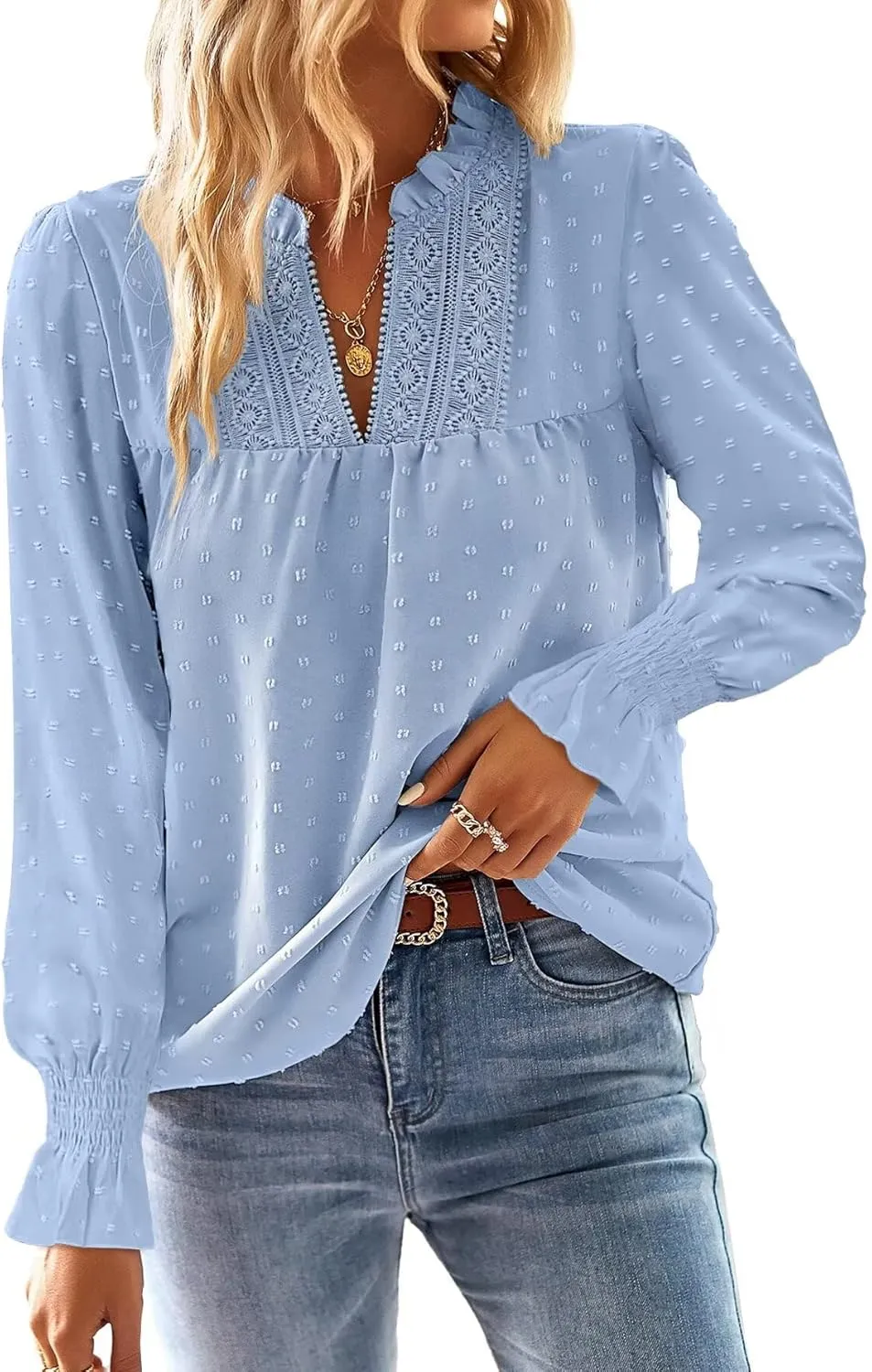 Langarmshirt Damen Herbst Boho Top Oberteile Fließend Elegant V-Ausschnitt T Shirt Süß Lässig Outfits Frühling Winter L…