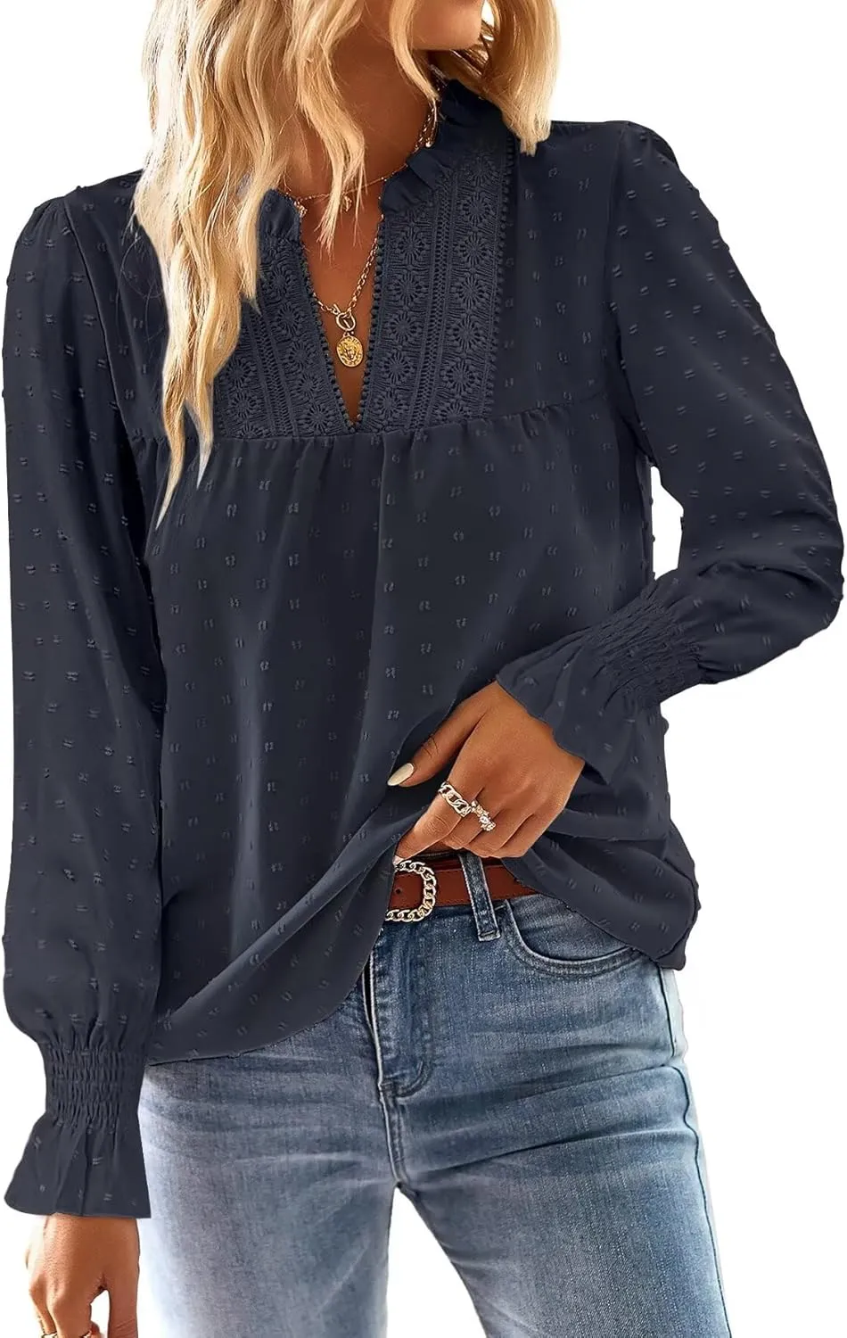 Langarmshirt Damen Herbst Boho Top Oberteile Fließend Elegant V-Ausschnitt T Shirt Süß Lässig Outfits Frühling Winter L…
