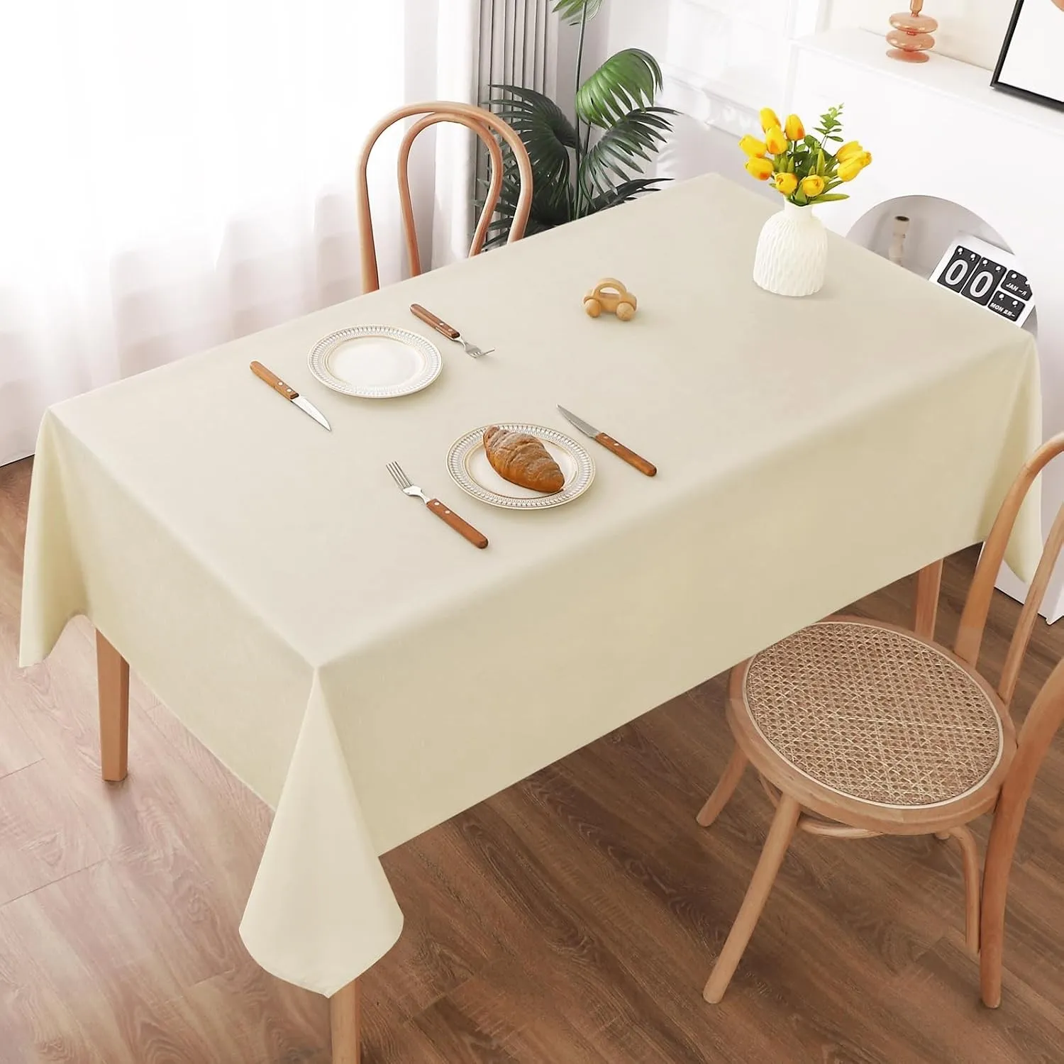 AooHome Tischdecke Abwaschbar, Beige Tischdecken 140x260cm Leinen-Optik Tischtuch aus Polyester Wasserabweisend mit Lot…
