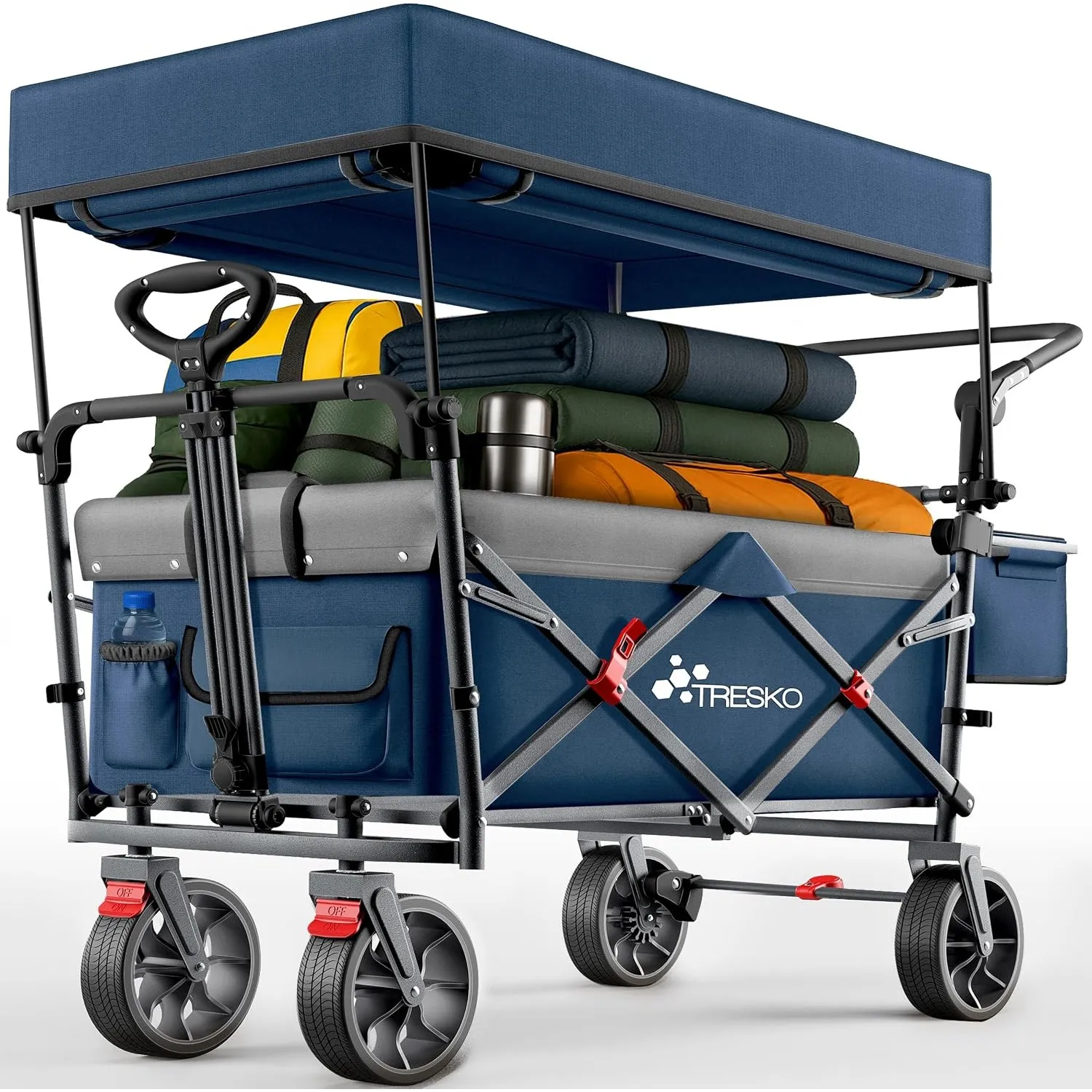 TRESKO® Bollerwagen Faltbar mit Dach, Kühlfach & Seitenrollos bis 150kg | Handwagen mit Vollgummireifen, Feststellbrems…