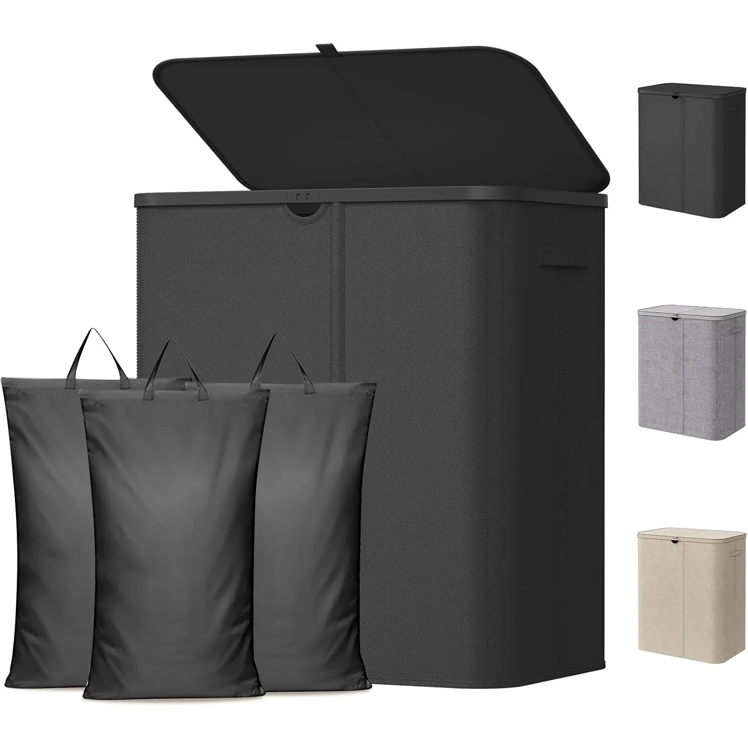 Lifewit 165L Wäschekorb mit Deckel und 3 Fächern, Schwarz
