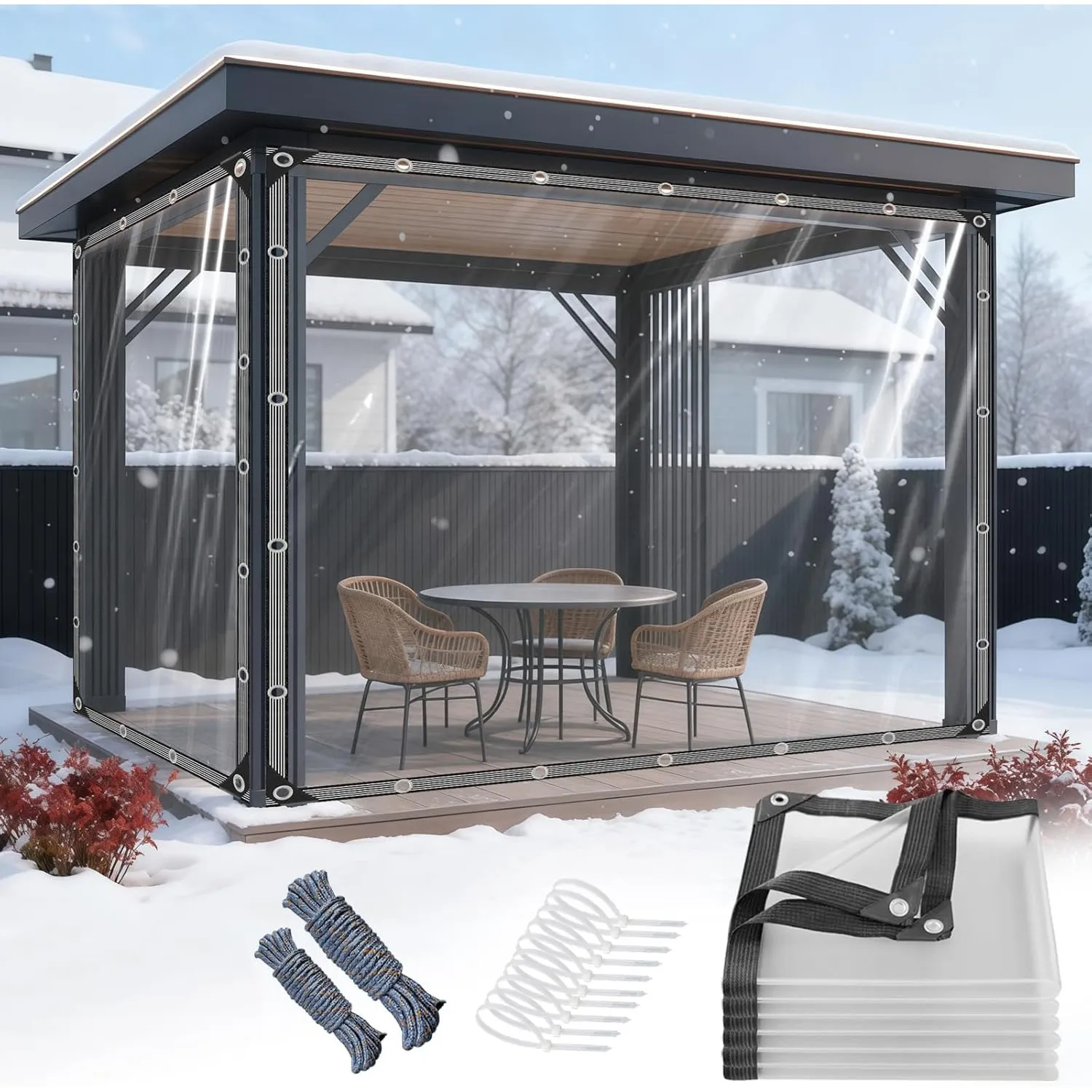 Transparente Plane mit Ösen 4x4m PVC Transparent Plane Wasserdicht Reißfest Abdeckplane für Outdoor Terrasse Balkon Pet…