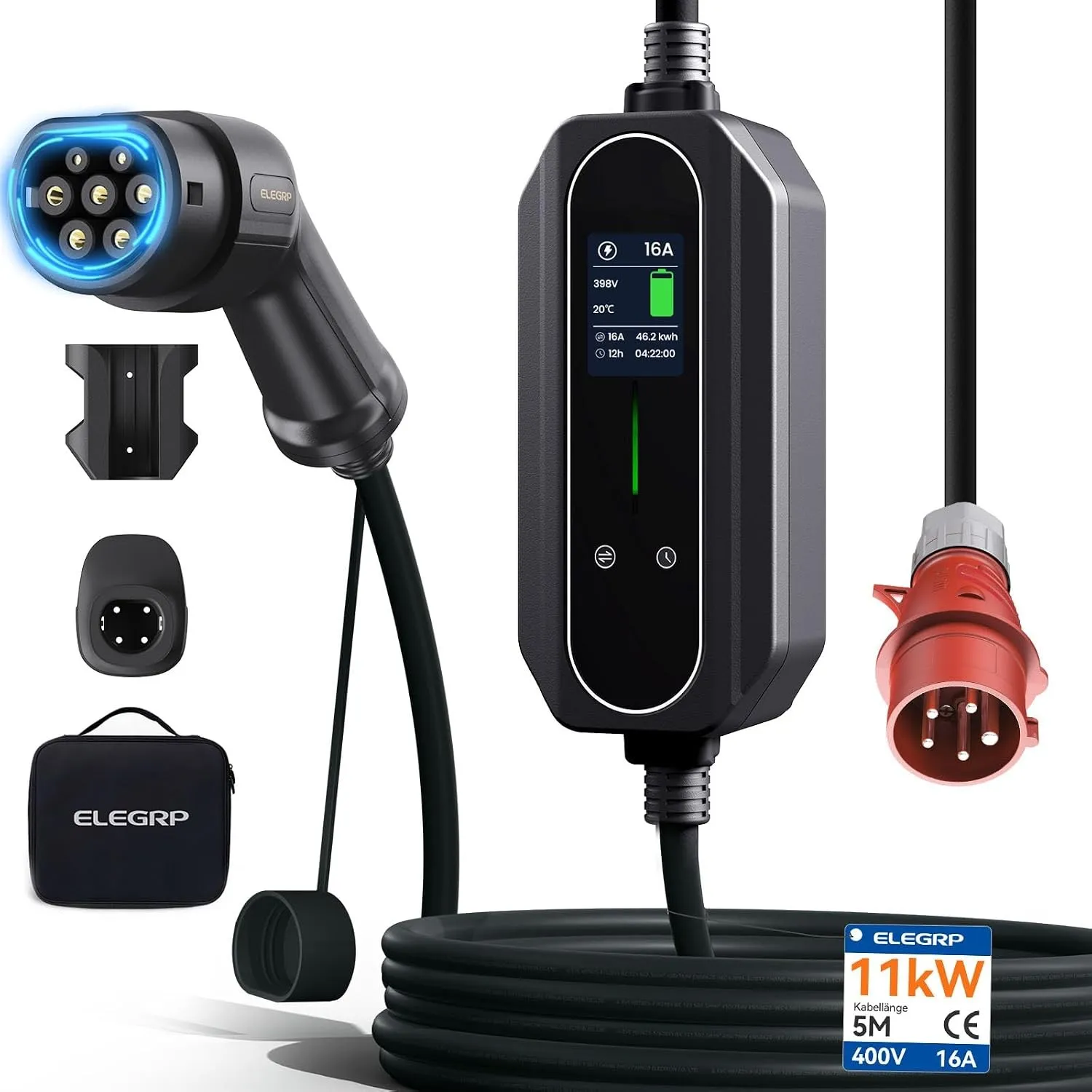 ELEGRP 11kW Mobile Wallbox mit Typ 2 Ladekabel, 3-Phasen EV Ladegerät, 6-16A Einstellbar, 5m Kabel, IP67 Wasserdicht, M…