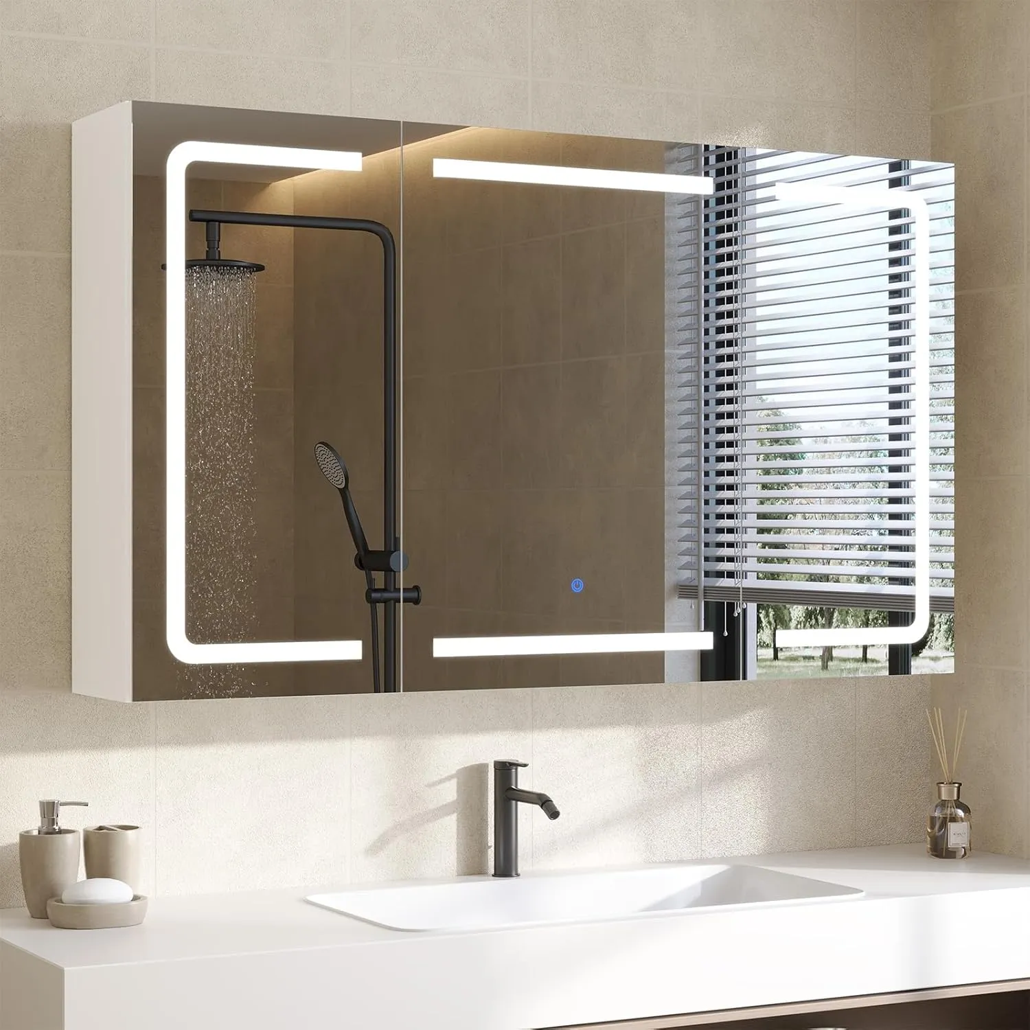 DICTAC Bathroom Mirror Cabinet with Lighting and Socket, Bathroom Cabinet with Mirror and Adjustable Shelf, Bathroom Mi…