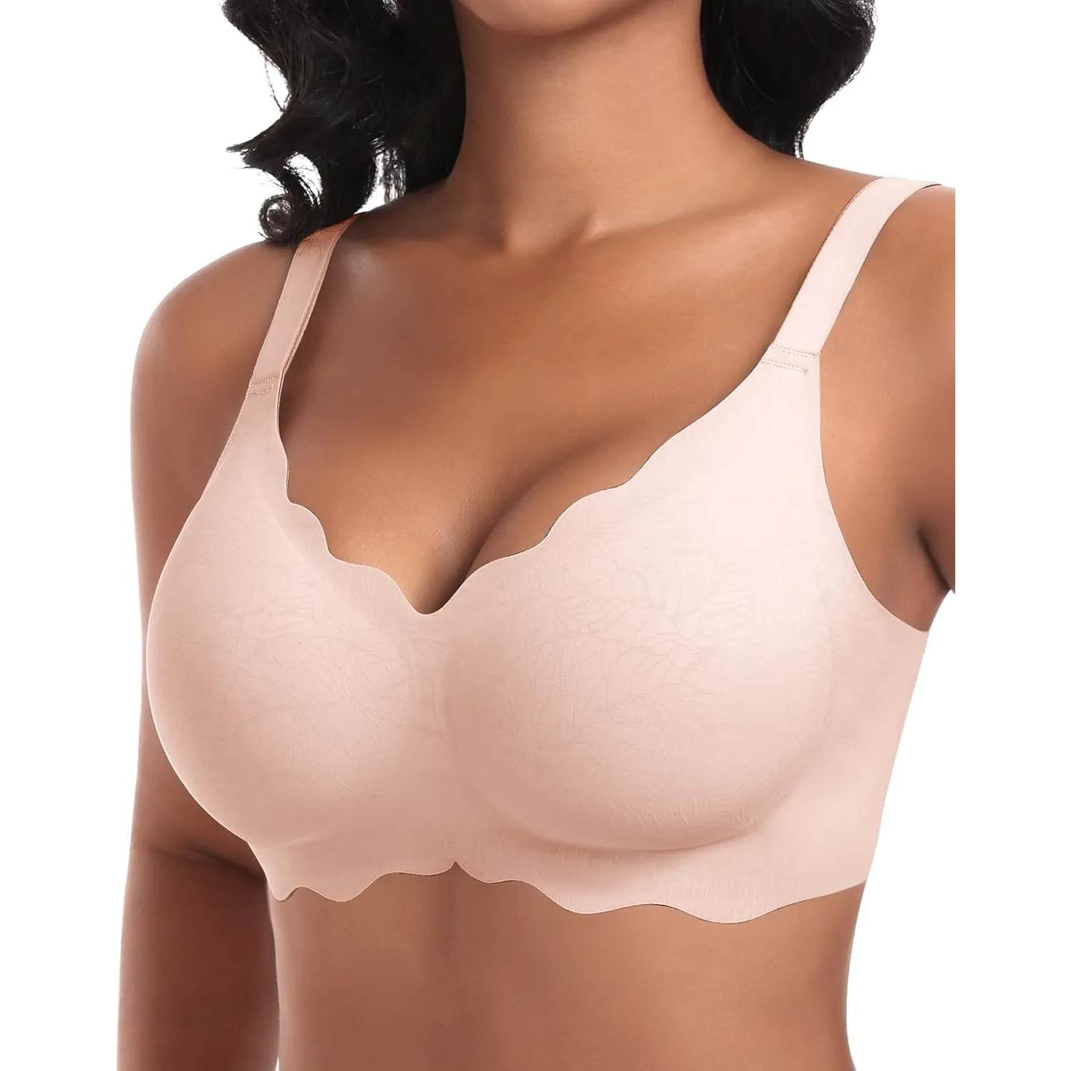 Ganado Damen Nahtloser BH Ohne Bügel Tiefem V-Ausschnitt gewellte Ränder Bequemer BH Bralette Soft BHS Bügellos Bustier…