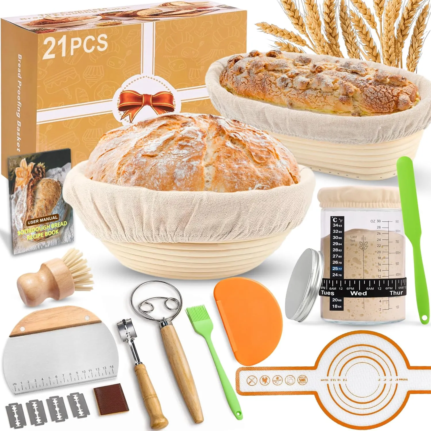21-Teiliges Sauerteig Starter Set mit 2 Gärkörbchen (23cm Runde & 25cm Ovale), 900ml Glasgefäß zur Sauerteiggärung, Kom…