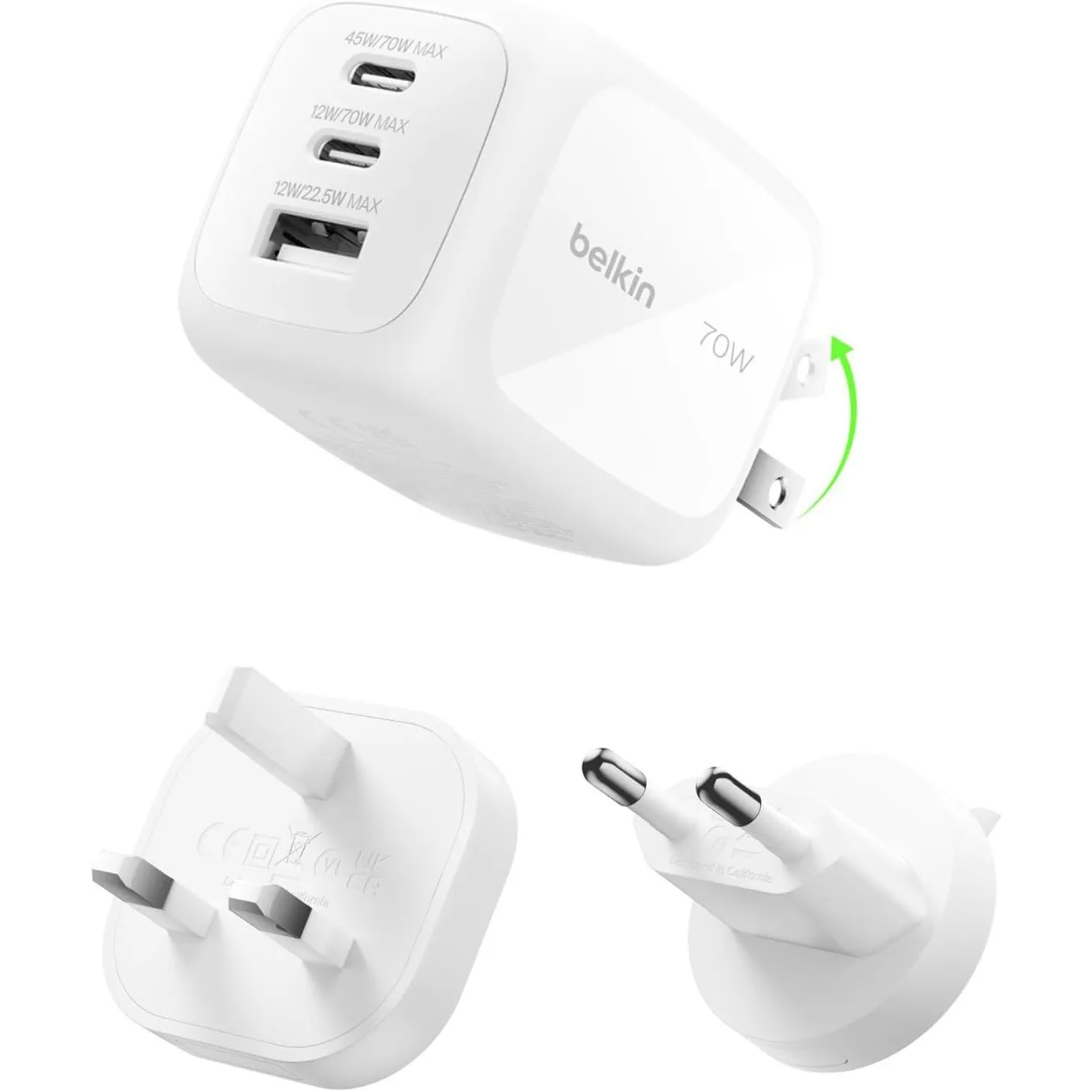 Belkin BoostCharge Pro 70W 3-Port GaN Ladegerät USB C mit Reisestecker-Set