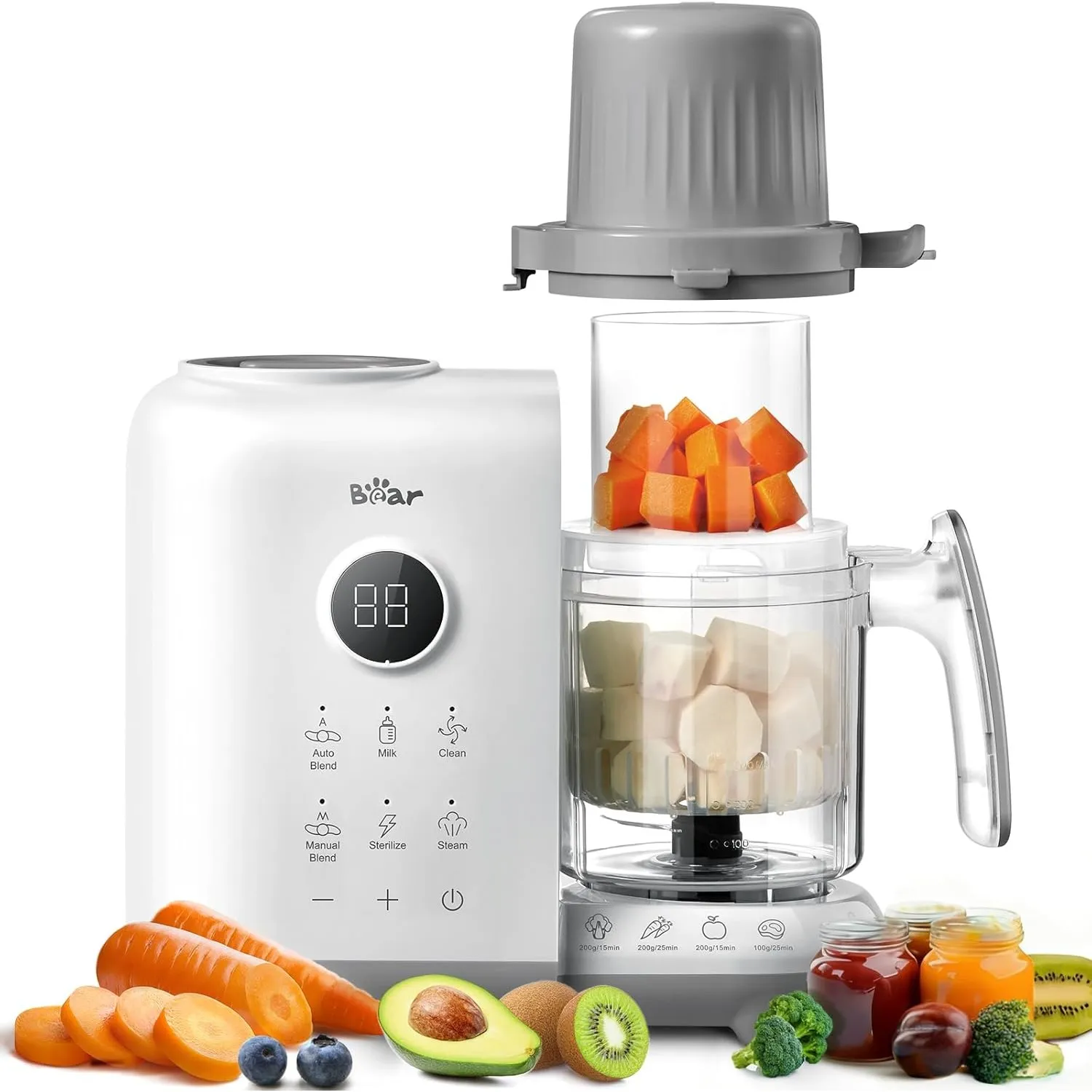 Bear 6-in-1 Dampfgarer mit Mixer Premium Babynahrungszubereiter,Dämpfen, automatisches Rühren, Milcherwärmung, Desinfek…