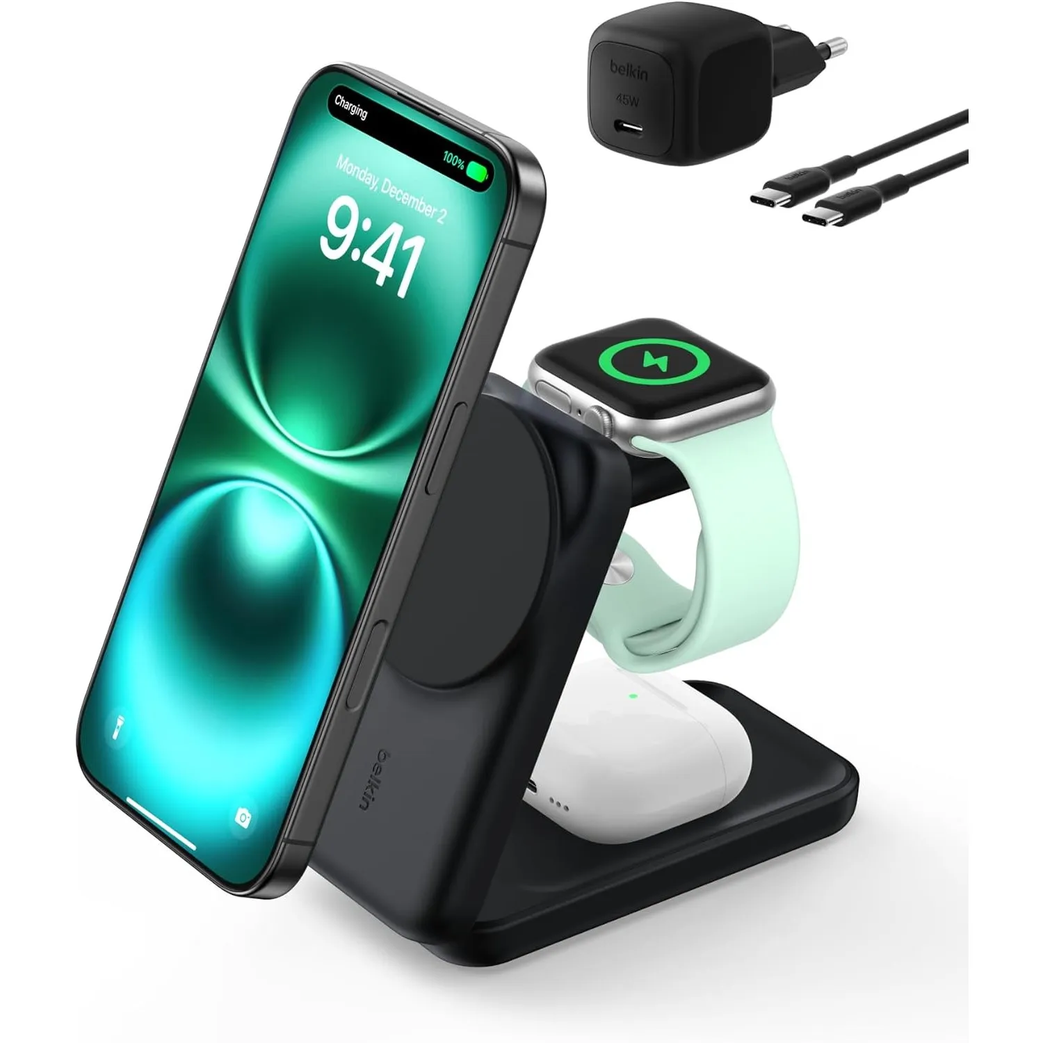 Belkin UltraCharge 3-in-1 Induktive Ladestation mit Qi2, 25W – Schwarz