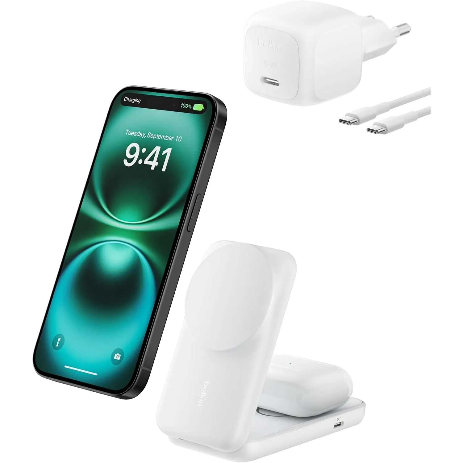 Belkin UltraCharge 2-in-1 Induktive Ladestation mit Qi2, 25W – Weiß