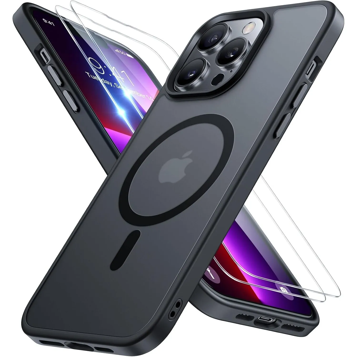Miracase für iPhone 13 Pro Hülle mit Magsafe & 9H+ Panzerglas, Schwarz