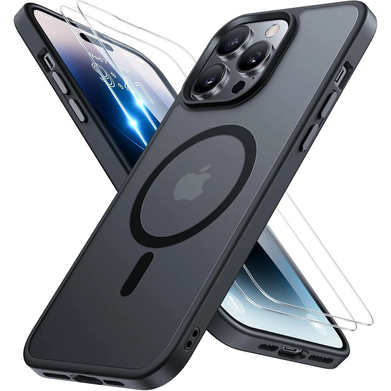 Miracase für iPhone 14 Pro Hülle mit Magsafe & 9H+ Panzerglas, Schwarz