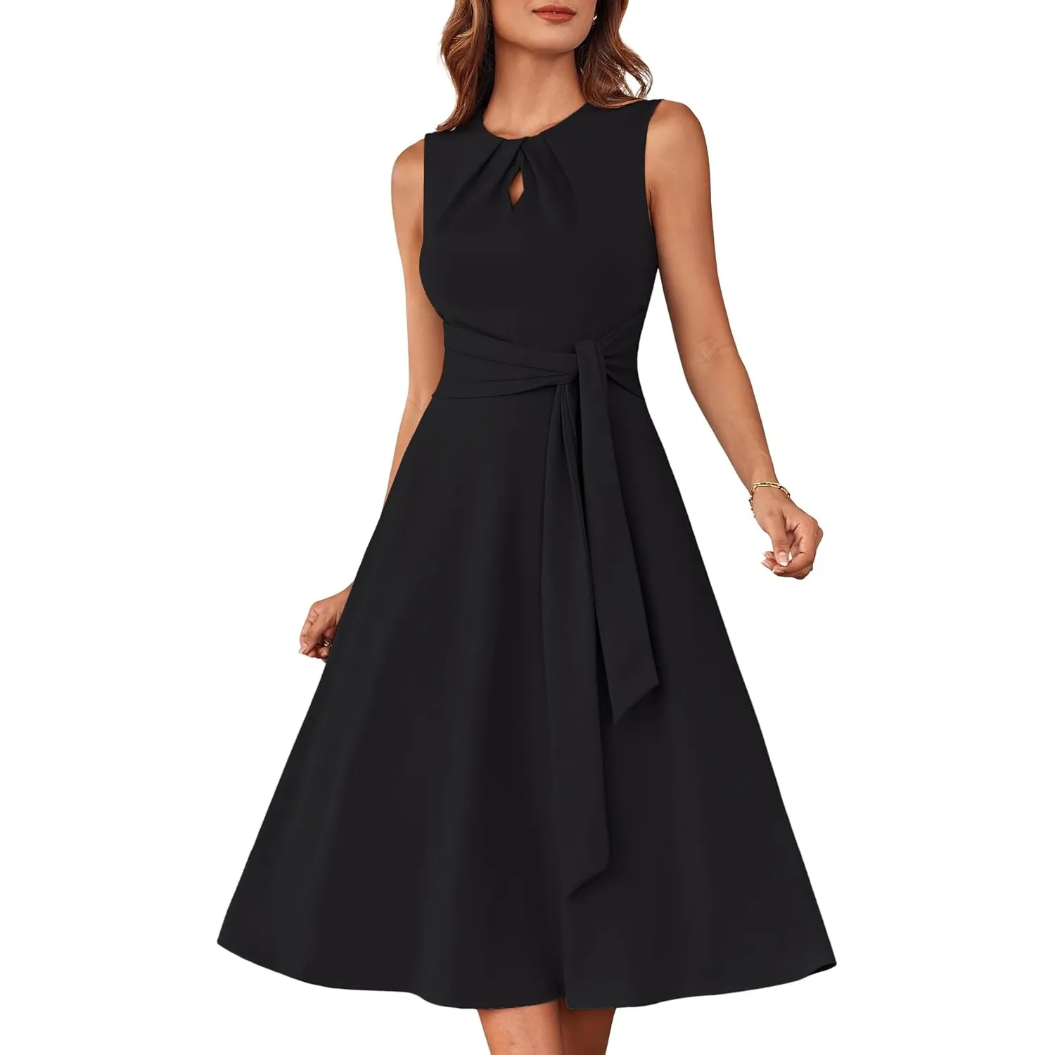 GRACE KARIN Damen A-Linien-Midikleid Ärmelloses Rundhalskleid mit Gürteltaschen Party Club Alltag Arbeit Hochzeit