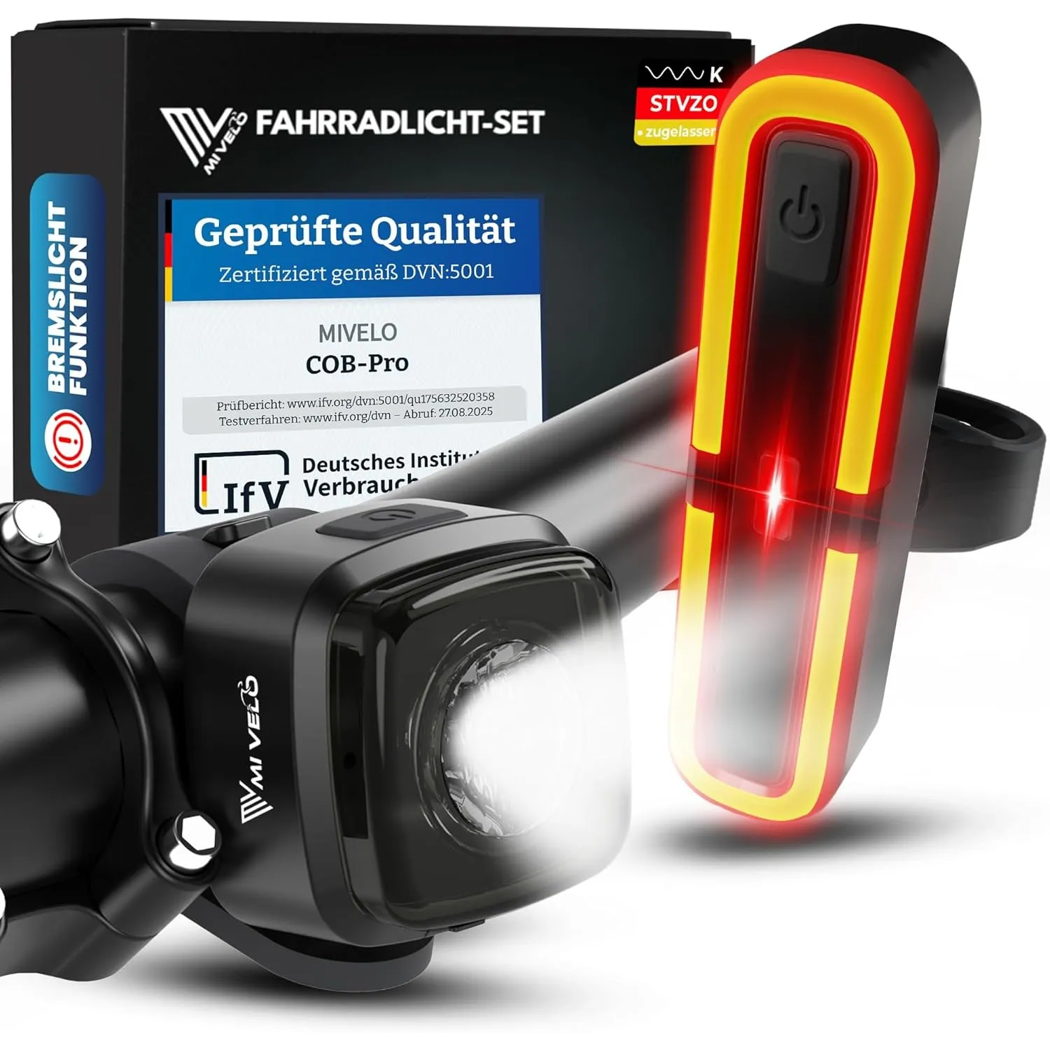 MIVELO Fahrradlicht Set mit Bremsanzeige - Fahrradlampe LED StVZO, IPX5 wasserdicht - Fahrradbeleuchtung vorne & hinten…