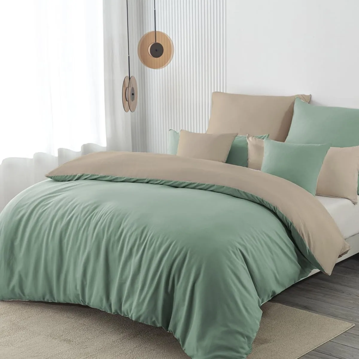 Bettwäsche 135x200 2teilig Mikrofaser, Pastellgrün/Warmes Beige