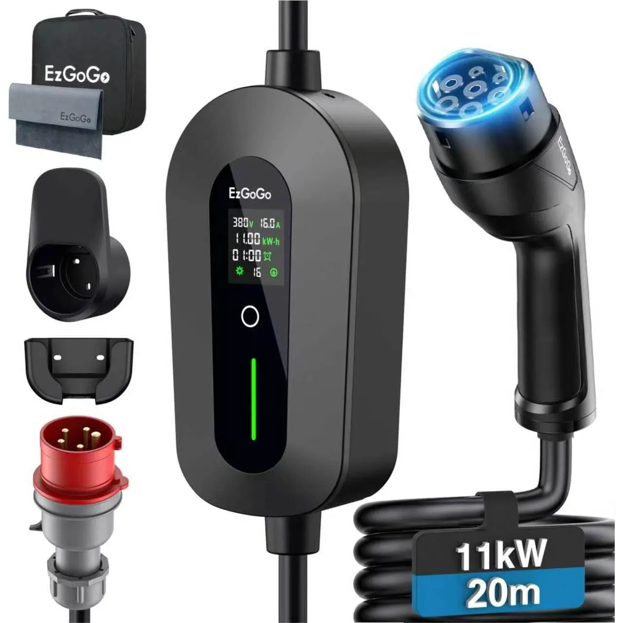 EzGoGo Mobile Wallbox 11kW Ladegerät Typ 2 (3-phasig) mit 20m Ladekabel CEE 16A auf Typ 2 | EV Ladestation mit Einstell…