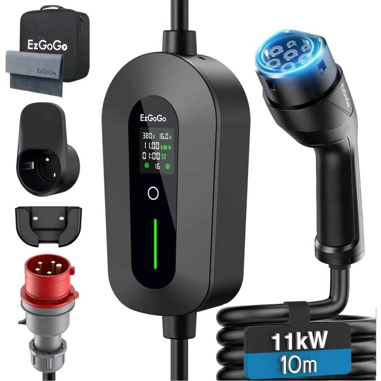 EzGoGo Mobile Wallbox 11kW Ladegerät Typ 2 (3-phasig) mit 10m Ladekabel CEE 16A auf Typ 2 | EV Ladestation mit Einstell…