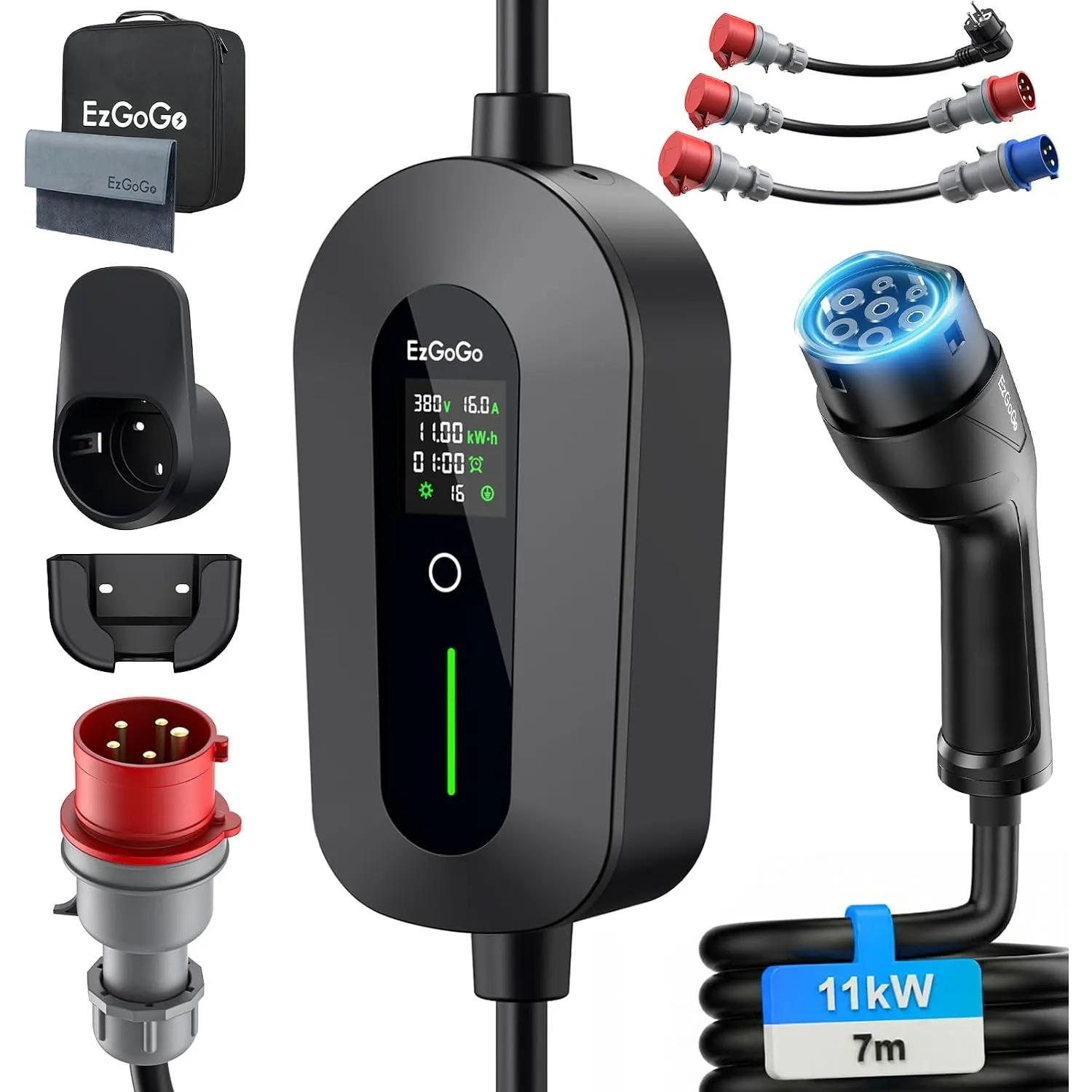 EzGoGo Mobile Wallbox 11kW Ladegerät Typ 2 (3-phasig) mit 7m Ladekabel CEE 16A auf Typ 2 inkl. Reise-Adapter-Set | EV L…