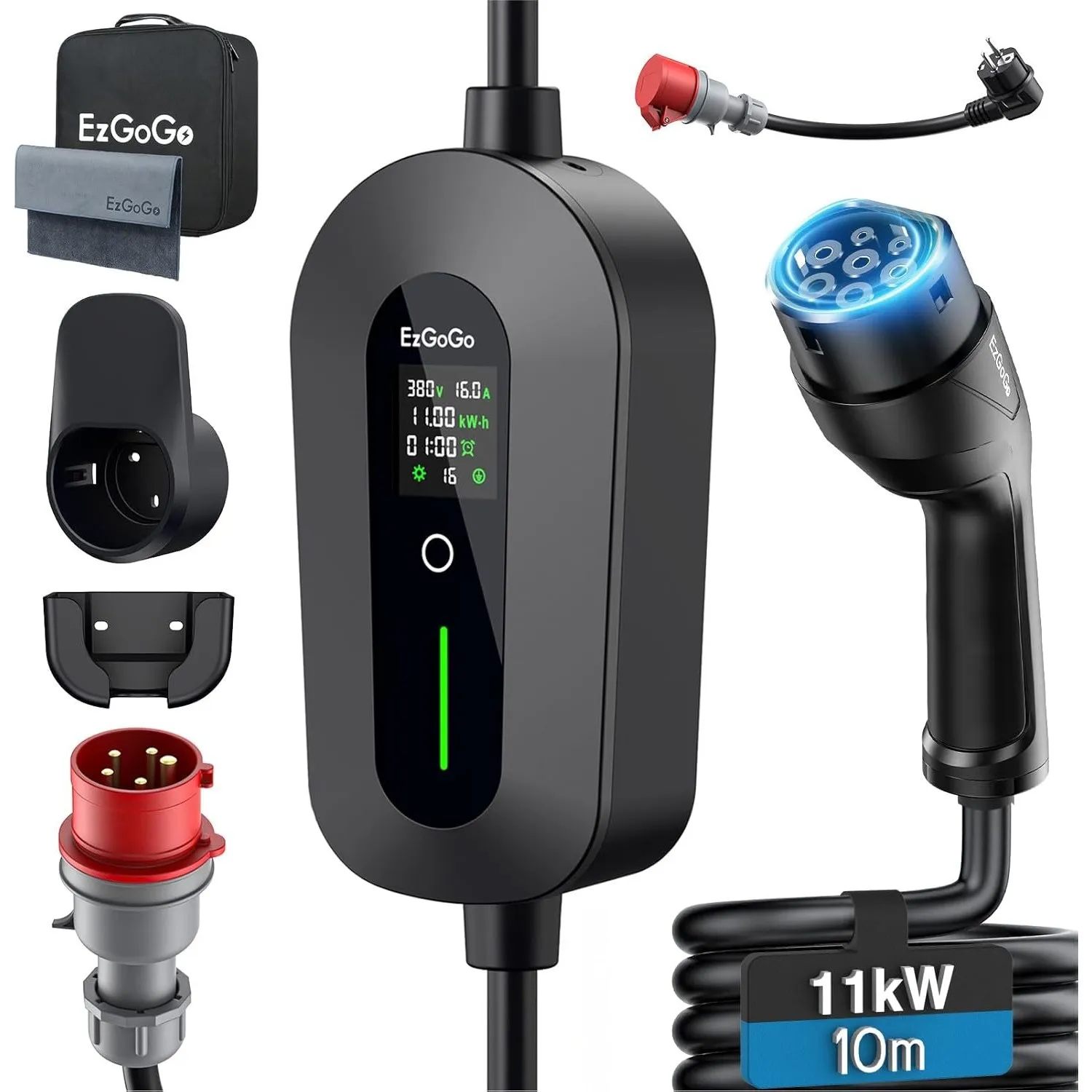 EzGoGo Mobile Wallbox 11kW Ladegerät Typ 2 (3-phasig) mit 10m Ladekabel CEE 16A auf Typ 2 inkl. Alltags-Adapter-Set | E…