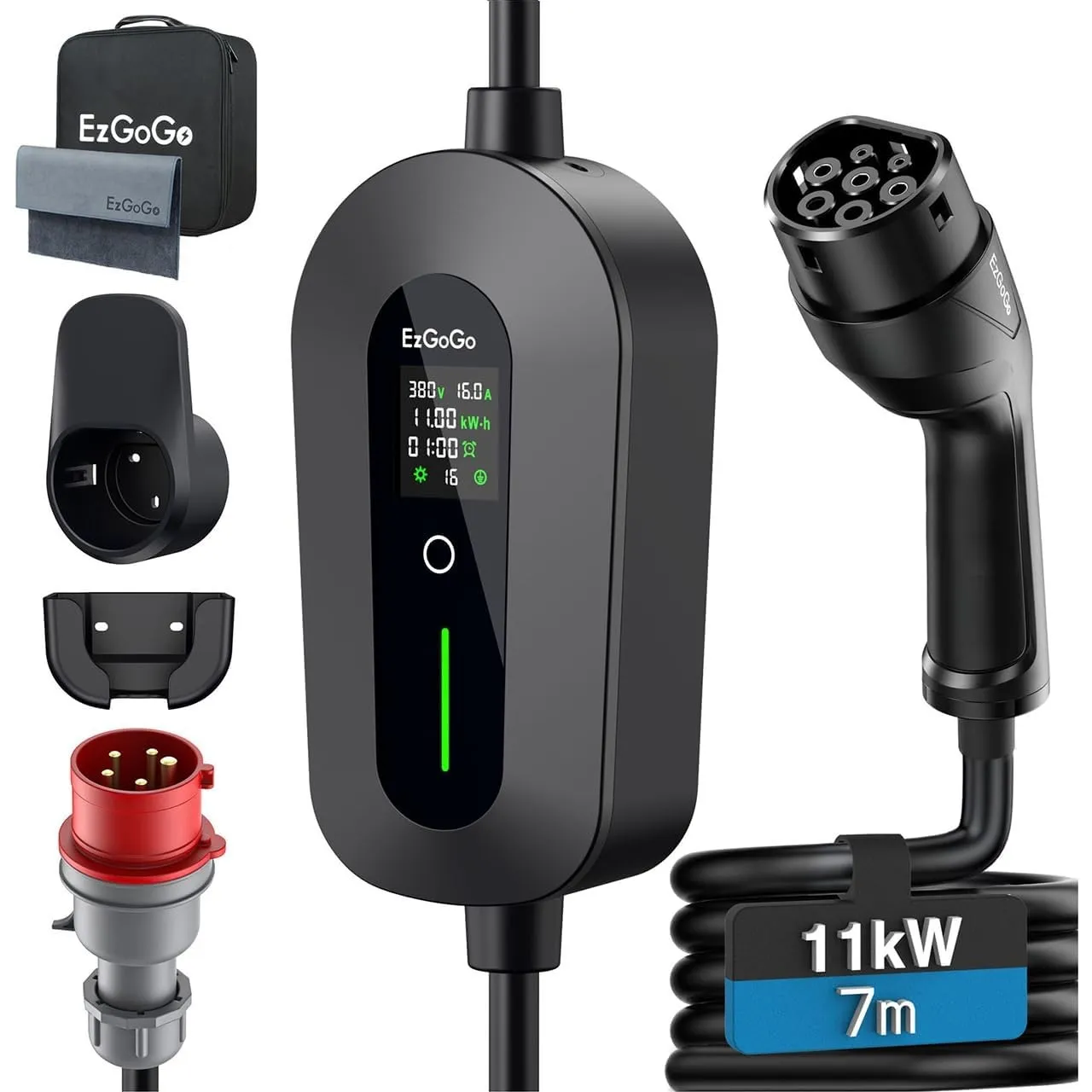 EzGoGo Mobile Wallbox 11kW Ladegerät Typ 2 (3-phasig) mit 7m Ladekabel CEE 16A auf Typ 2 | EV Ladestation mit Einstellb…