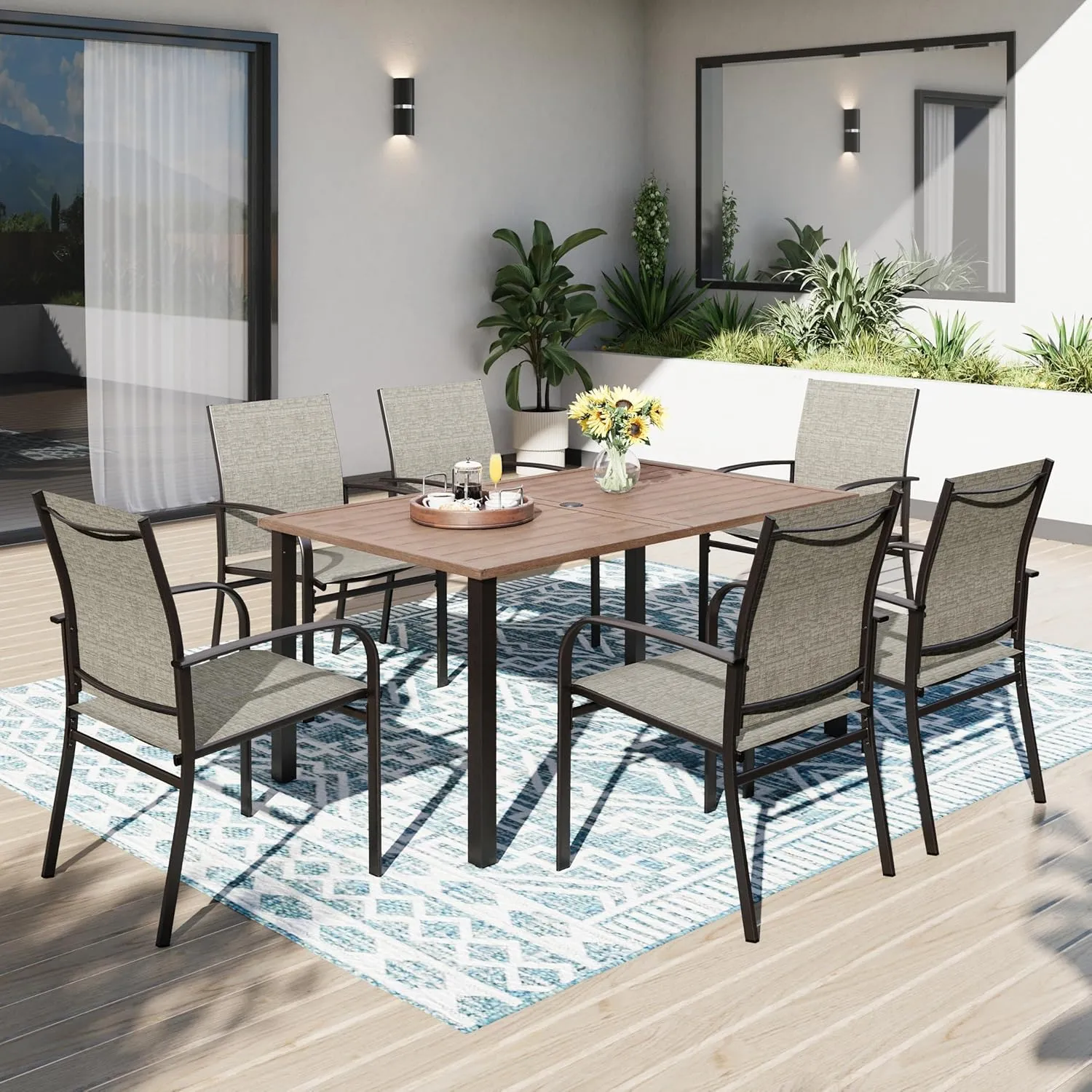 PHI VILLA Gartenmöbel Set Wetterfest für 6 Personen Outdoor Terrassenmöbel Set mit 6 x Braune Textilene-Esszimmerstühle…