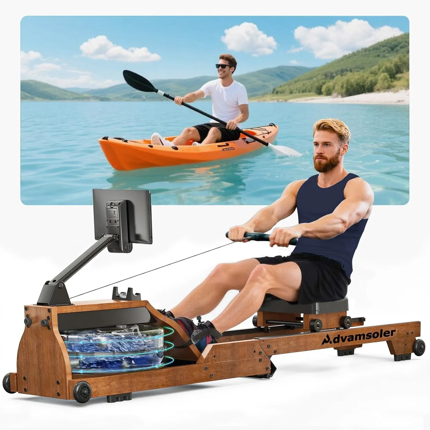 [2026 Neu] Advamsoler Wasser Rudergerät klappbar aus Massivholz – Bluetooth-App, LCD & Tablet-Halter, leises Ganzkörper…